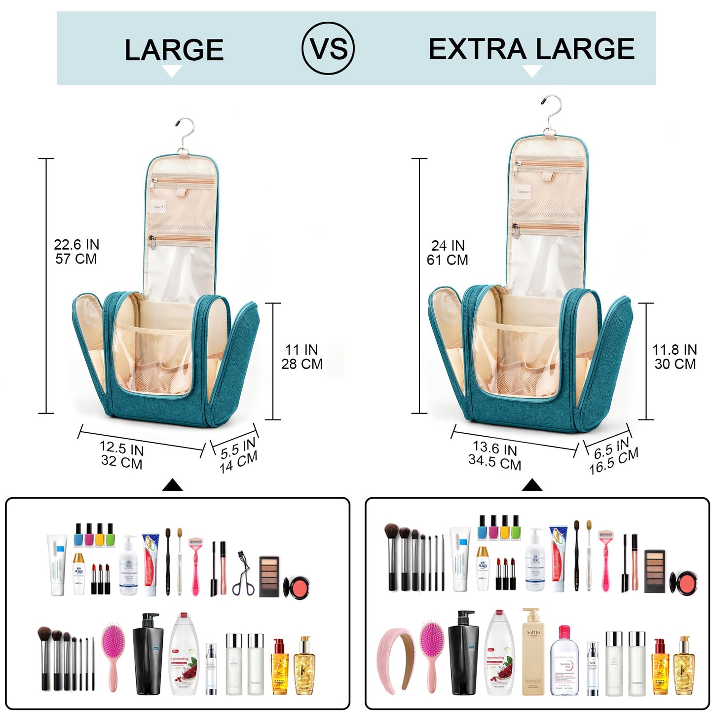 COOSKY Hanging Travel Toiletry Bag for Women and Men, 6 Organizer Compartments, Large Toiletries essentials, Bathroom Cosmetic Accessories, Water-resistant Makeup Bag, Holds Full-Size Shampoo, Blue
