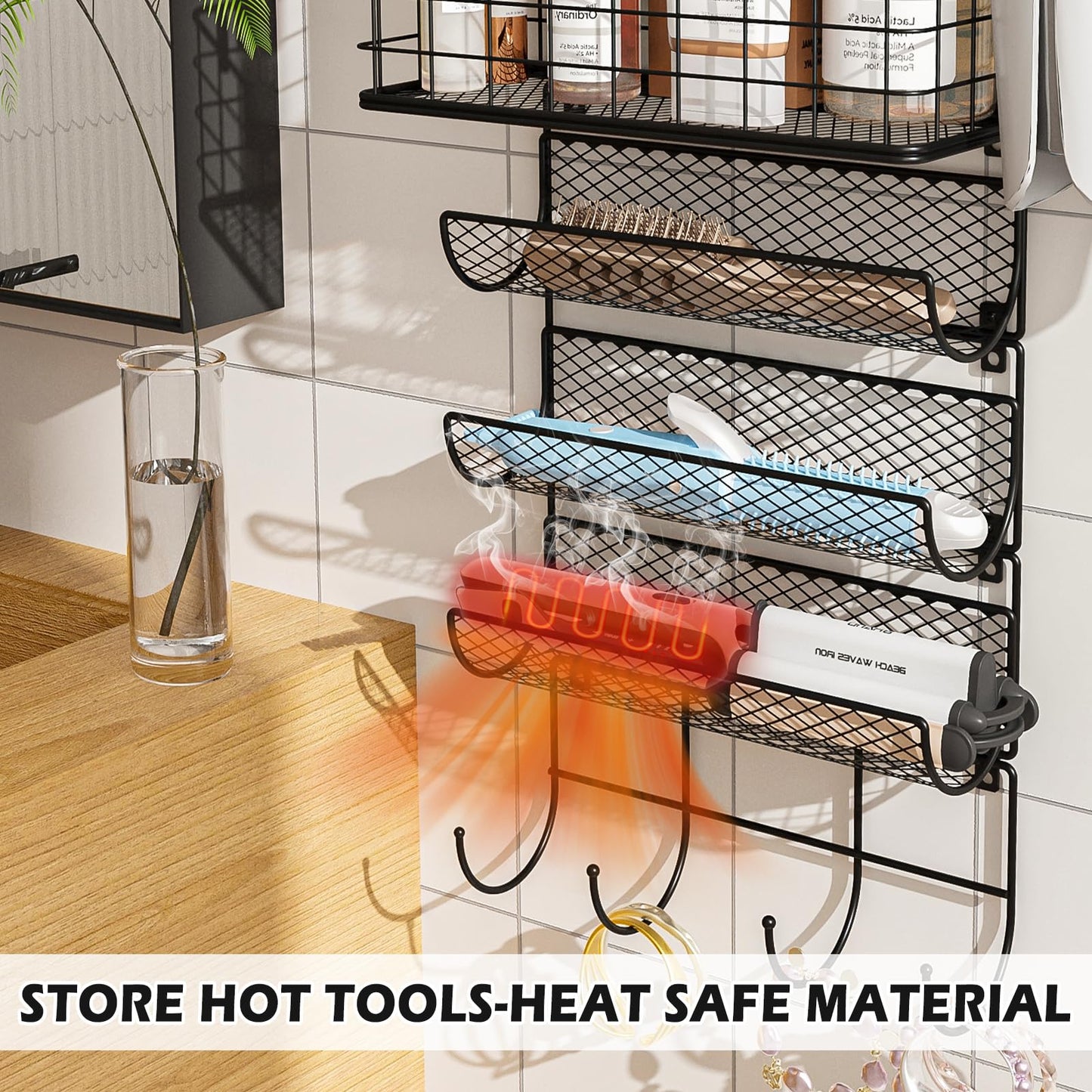 Wall-Mounted Hair Dryer Holder Styling Tool Organizer 4-Shelf Storage Wire Basket with Hook Heat Safe Rack for Hair-Straighteners,Curling Wands,Flat Iron,Perfume,Cabinet Door Bathroom Kitchen