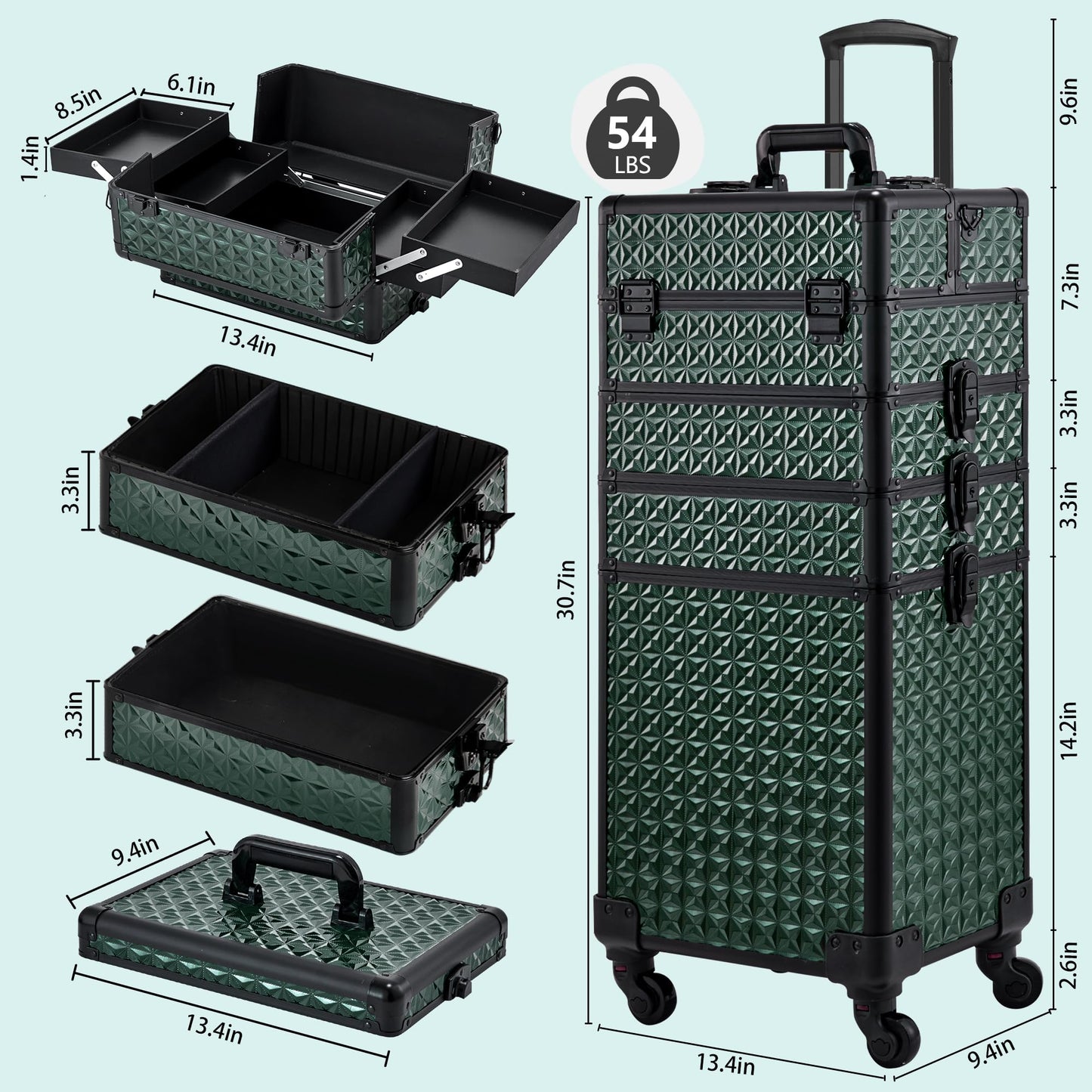 GALHUBIS Rolling Makeup Case, Makeup Train Case with Lid, 5 in 1 Cosmetology Case on Wheels, Christmas Gift, Large Makeup Case Organizers, Profesional Cosmetic Case for Salon Barber,Black Green