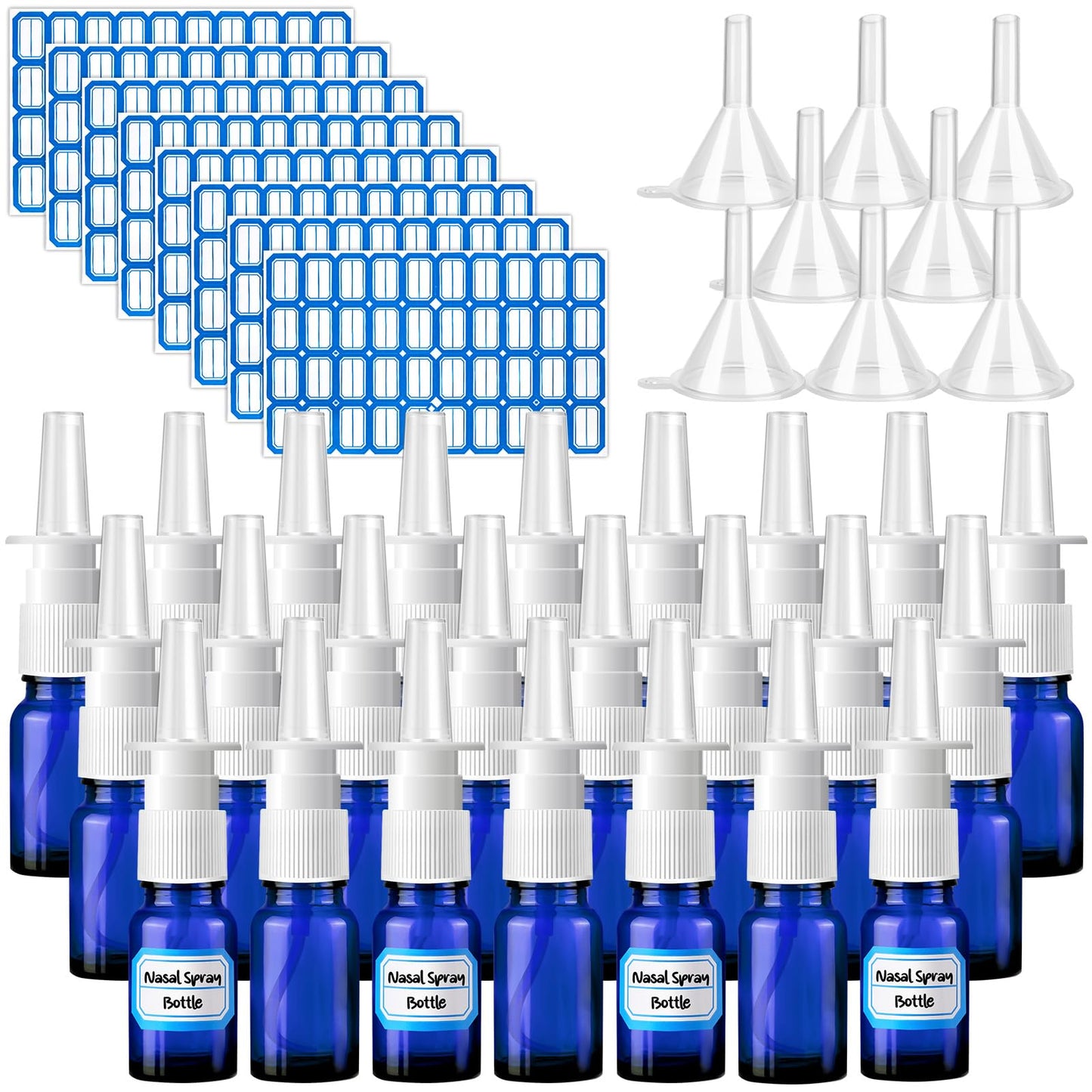ZHWKMYP 40 Pcs Nasal Spray Bottle, 10ML/0.35OZ 24 Pcs Refillable Glass Blue Nasal Spray Bottles Empty with 8 Funnels and 8 Labels