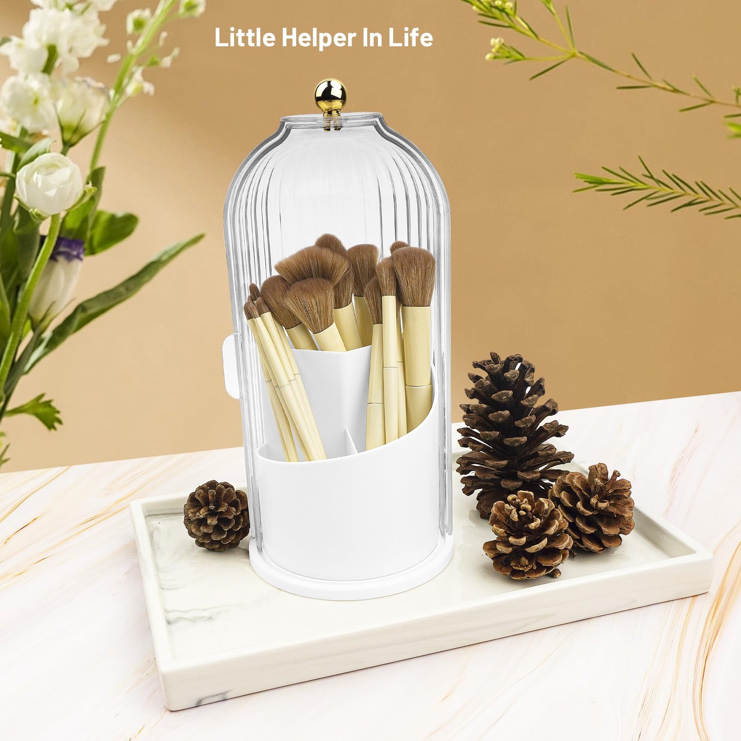 Ezebesta 1PCS Makeup Brush Holder Organizer with Clear Lid 360 Rotating Sliding Opening Dustproof Brushes Container for Vanity