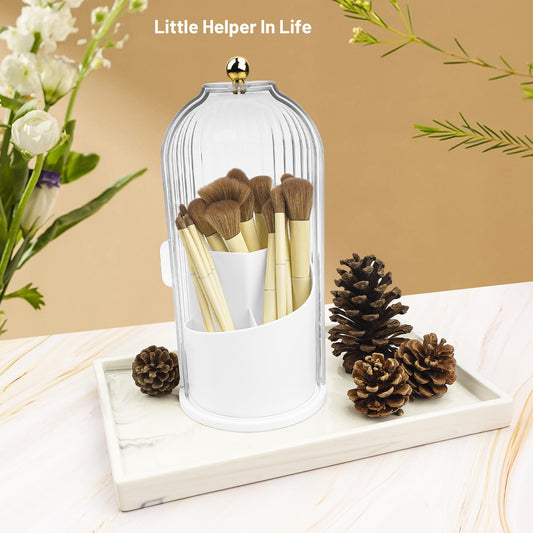 Ezebesta 1PCS Makeup Brush Holder Organizer with Clear Lid 360 Rotating Sliding Opening Dustproof Brushes Container for Vanity