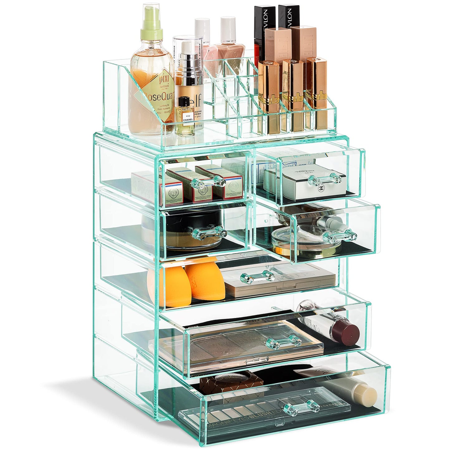 Sorbus Acrylic Makeup Organizer Set, 7-Drawer Vanity & Countertop Cosmetic Storage with Small & Wide Compartments, Teal Thrill Makeup Storage for Brushes, Jewelry – Holiday Gift for Women & Teens