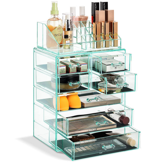 Sorbus Acrylic Makeup Organizer Set, 7-Drawer Vanity & Countertop Cosmetic Storage with Small & Wide Compartments, Teal Thrill Makeup Storage for Brushes, Jewelry – Holiday Gift for Women & Teens