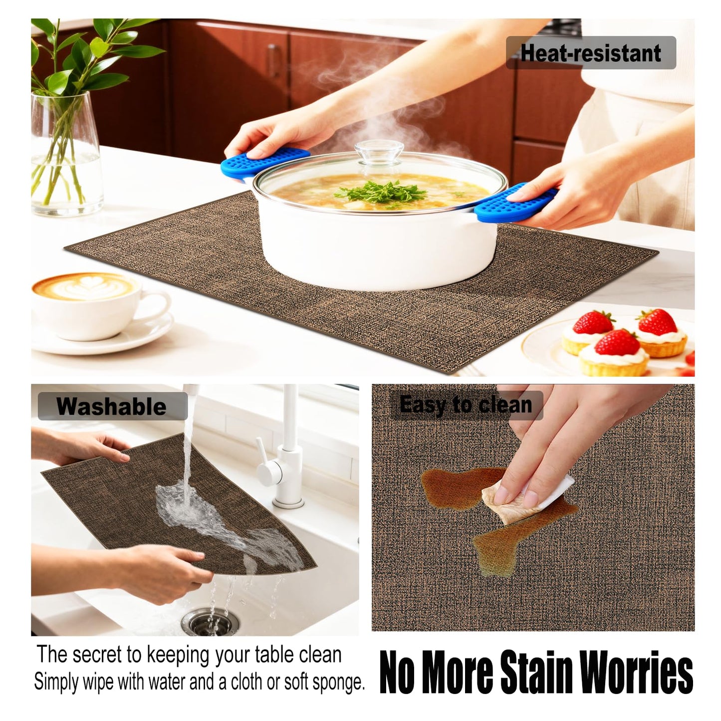 SHUFGY Faux Leather Placemats Set of 6, 11.8"x17.7" Reversible Table Mats - Waterproof, Stain & Heat Resistant, Easy Clean for Dining, Gatherings, Outdoor (Brown)
