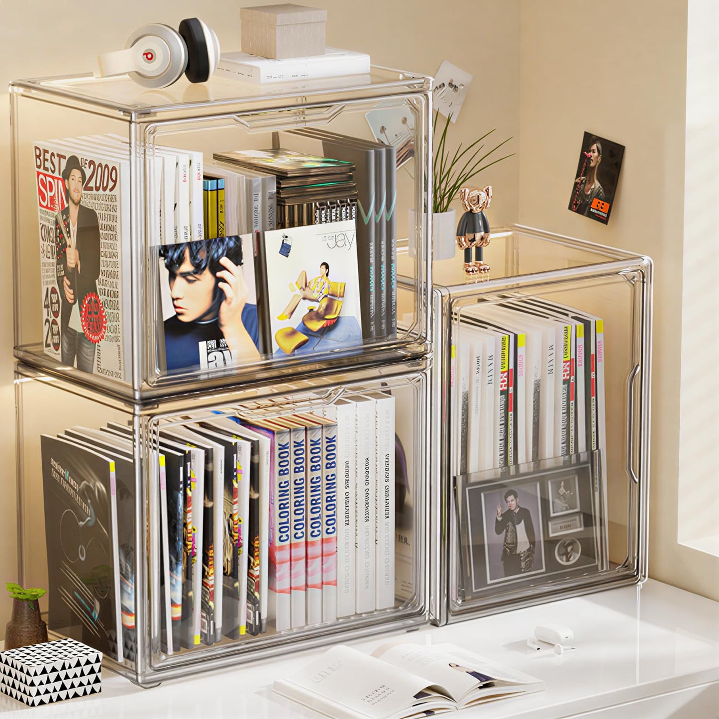 Clear Stackable Storage Bins, Acrylic Display Case, Acrylic Boxes with Lids, Magnetic Lid Storage Bins for Handbags & Purse, Large Figures Collectibles, Storage Box for Home Organization(5 Pack)