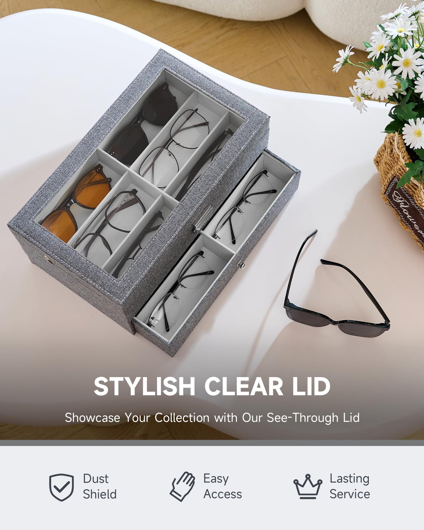 CO-Z Sunglasses Organizer with 12 Slots, Linen Eyeglasses Storage Box for Women Men, 2 Story Lockable Display Case for Multiple Glasses, Sunglasses Jewelry Collection Holder with Drawer, Grey