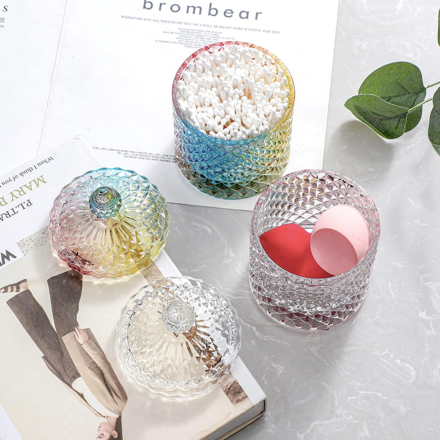 rejomiik Qtip Holder Glass Apothecary Jars with Lid Bathroom Accessories Vanity Organizers and Makeup Storage for Cotton Swabs, Makeup Sponges, Bath Salts, Canister Dispenser, 2 Pack Rainbow
