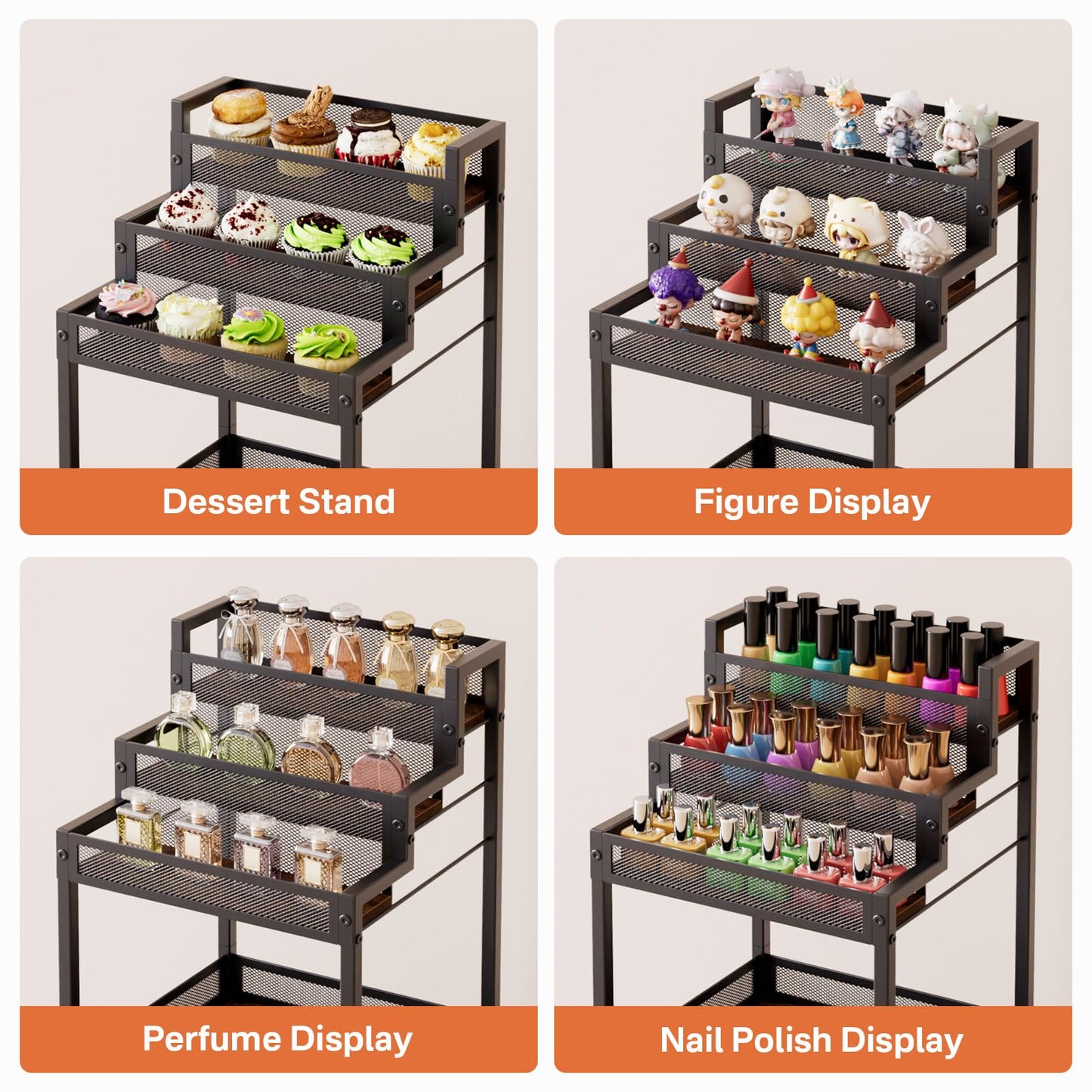 FURFUN Display Riser Stand Perfume Cologne Organizer, 13in Rolling Makeup Storage Cart with Fabric Drawers, Floor Vanity Cosmetics Display Cases for Skin Care Nail Polish Figures Rustic Brown