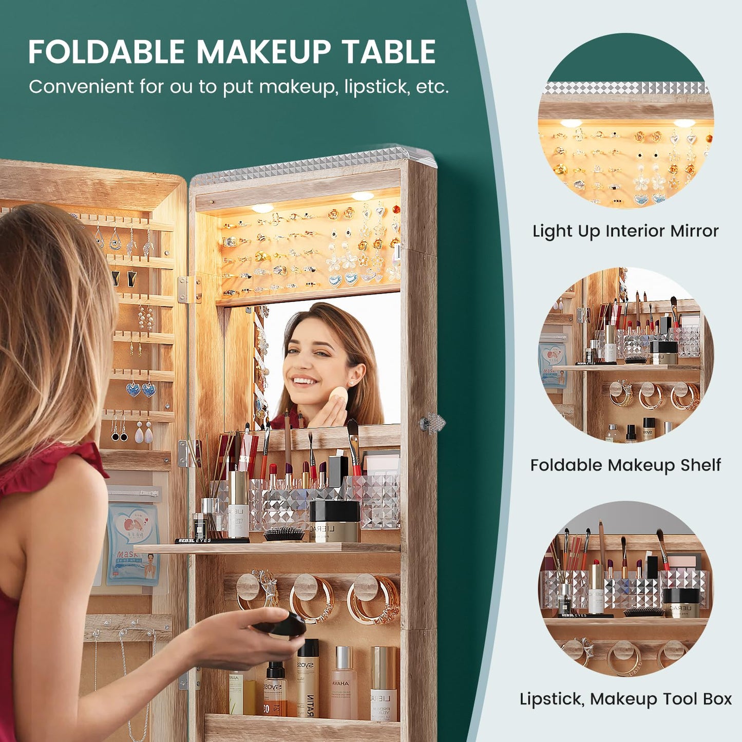 HNEBC Full Length Mirror with Storage, Wall Mounted Jewelry Cabinet with Lights, Lockable Over Door Jewelry Organizer with Drawer, Foldout Makeup Tray 47.2" Hx14.5 Wx3.9 D,Natural