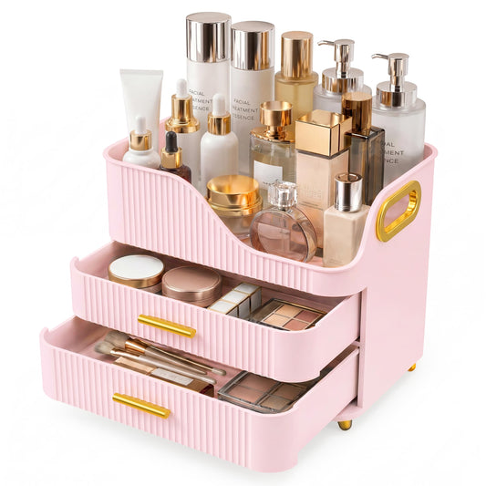Booklov Countertop Makeup Organizer with Drawers, 3 Tier Large Cosmetic Storage Caddy for Vanity, Bathroom Counter, Dresser, Skincare Display Case for Lipsticks, Beauty Palettes, Teen Girl Gifts, Pink