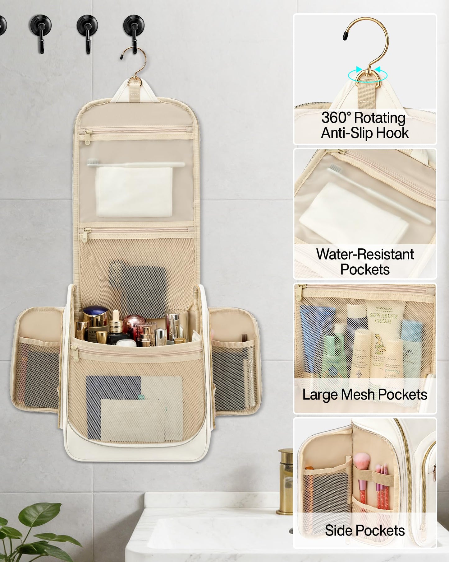 Hanke Hanging Travel Toiletry Bag for Men and Women, Water-Resistant Toiletries Bag Makeup Organizer with Hook, Cosmetic Bag for Bathroom & Travel Essentials Accessories, Off White