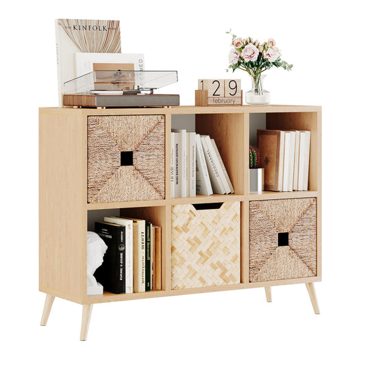 Flrrtenv 6 Cube Storage Organizer, Wood Bookcase with Legs, Modern Freestanding Cubby Shelving Unit, Book Shelf Toy Storage Cabinet for Bedroom, Living Room, Kids Room, Fits 11 Inch Bins, Natural
