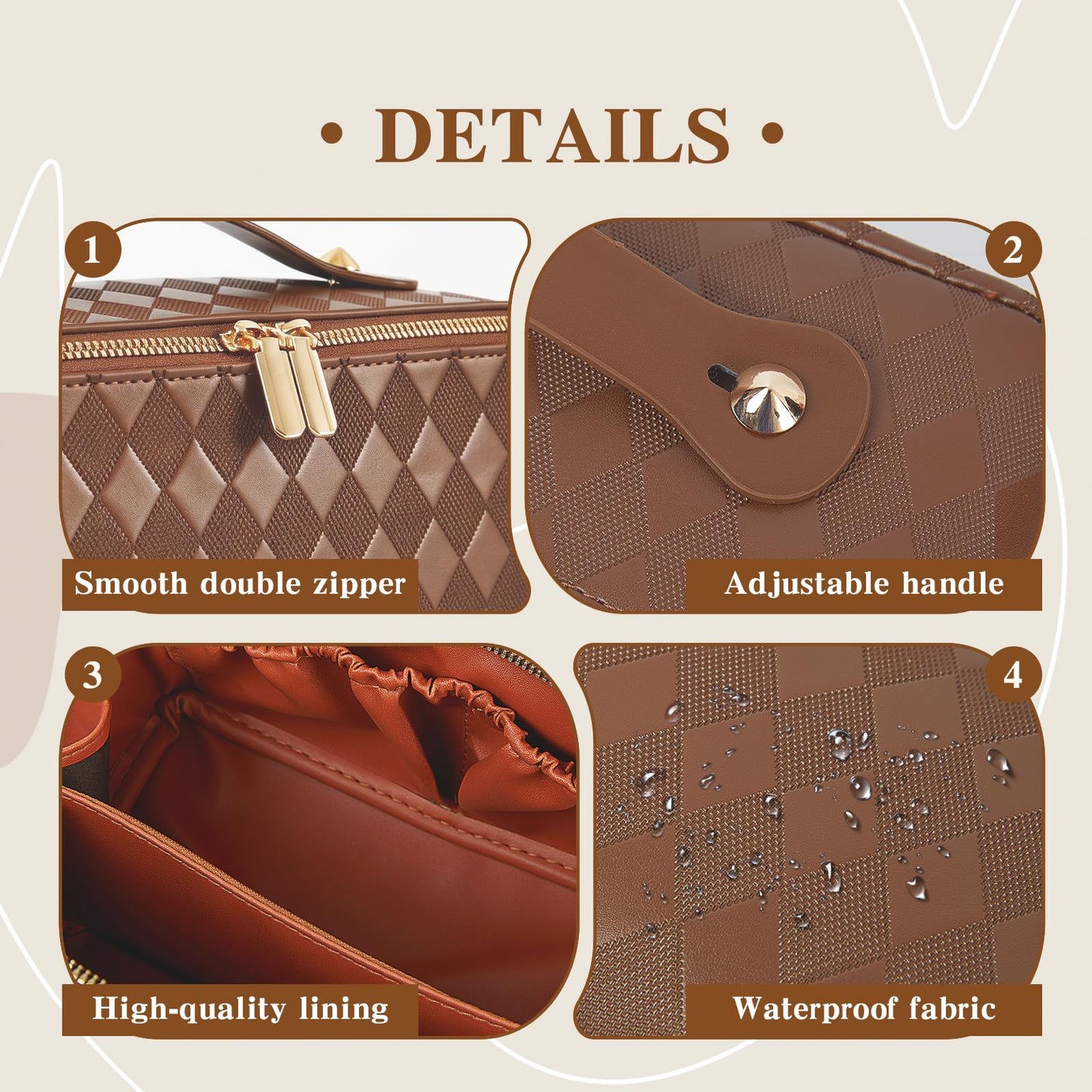 IDELCHOIS Travel Makeup Bag Large Capacity Cosmetic Bags for Women, Waterproof Toiletry Bag Open Flat Makeup Bag with Compartments and Handle, Portable Cosmetic Organizer Pouch, Diamond Brown