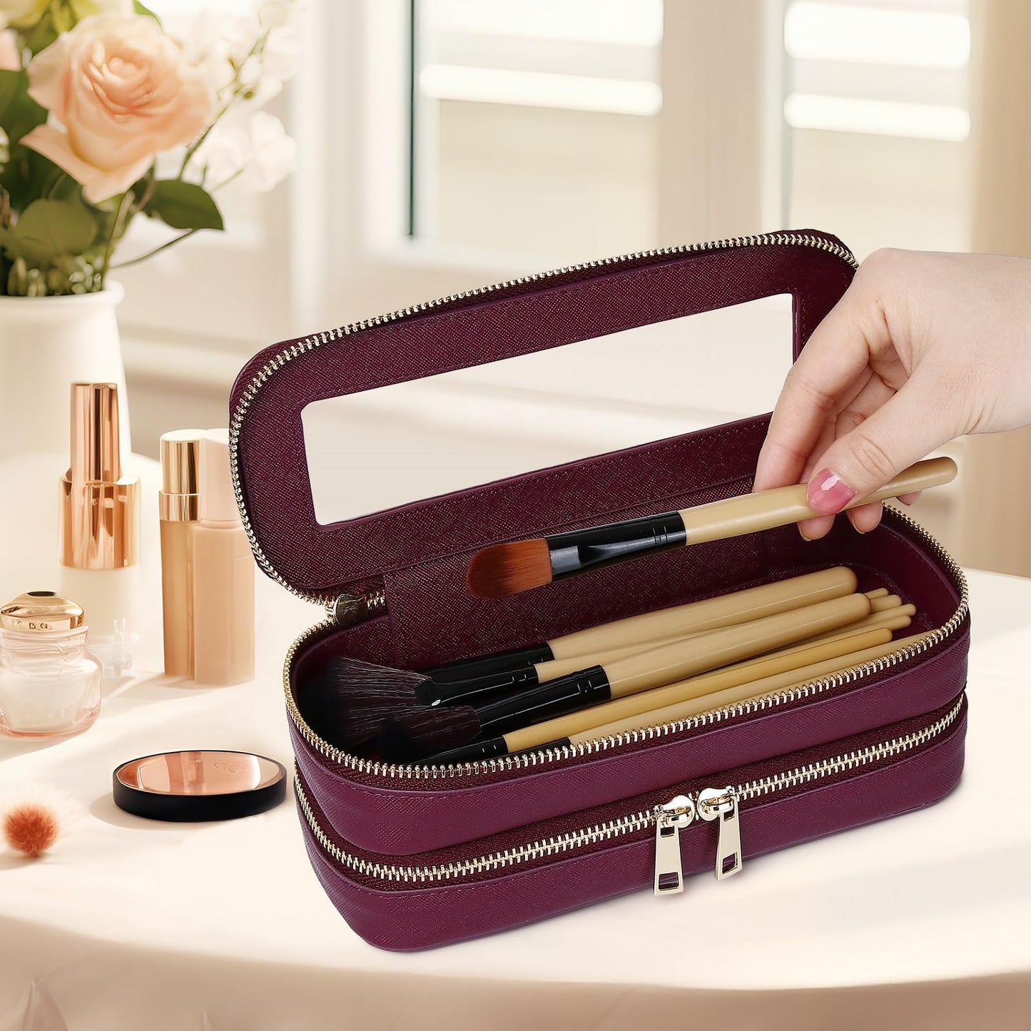 Pinkmik Double Layer Makeup Bag, Burgundy, Double SLIM