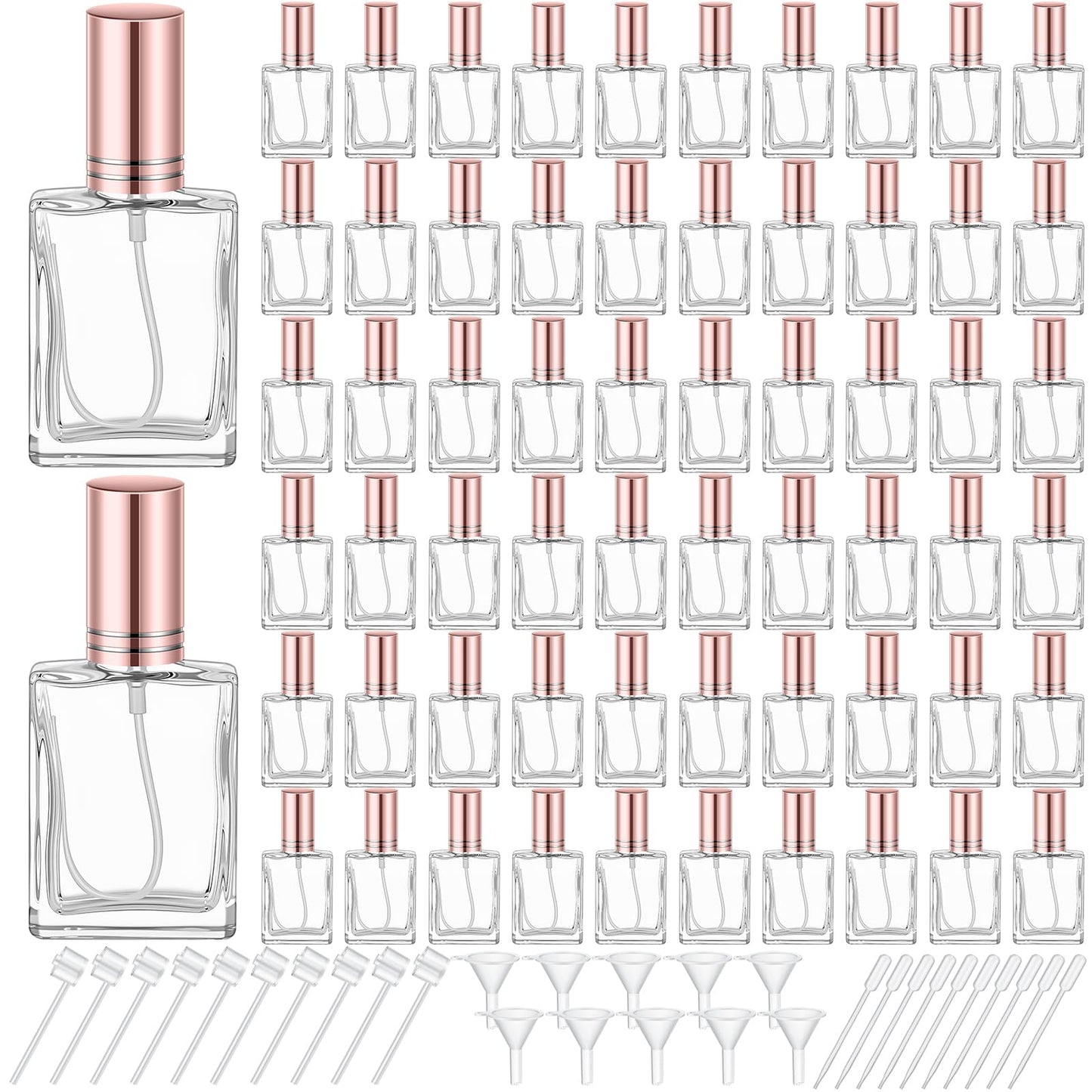 Domensi 30 Pcs 10/15/30/50 ml Glass Square Perfume Bottles Mini Glass Empty Spray Atomizer Bottles Bulk Refillable Perfume Dispenser Container with Pump Tool for Travel (15 ml,Rose Gold)