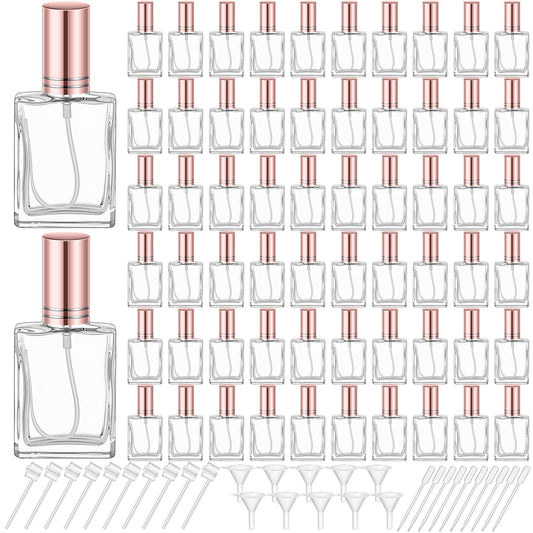 Domensi 30 Pcs 10/15/30/50 ml Glass Square Perfume Bottles Mini Glass Empty Spray Atomizer Bottles Bulk Refillable Perfume Dispenser Container with Pump Tool for Travel (15 ml,Rose Gold)
