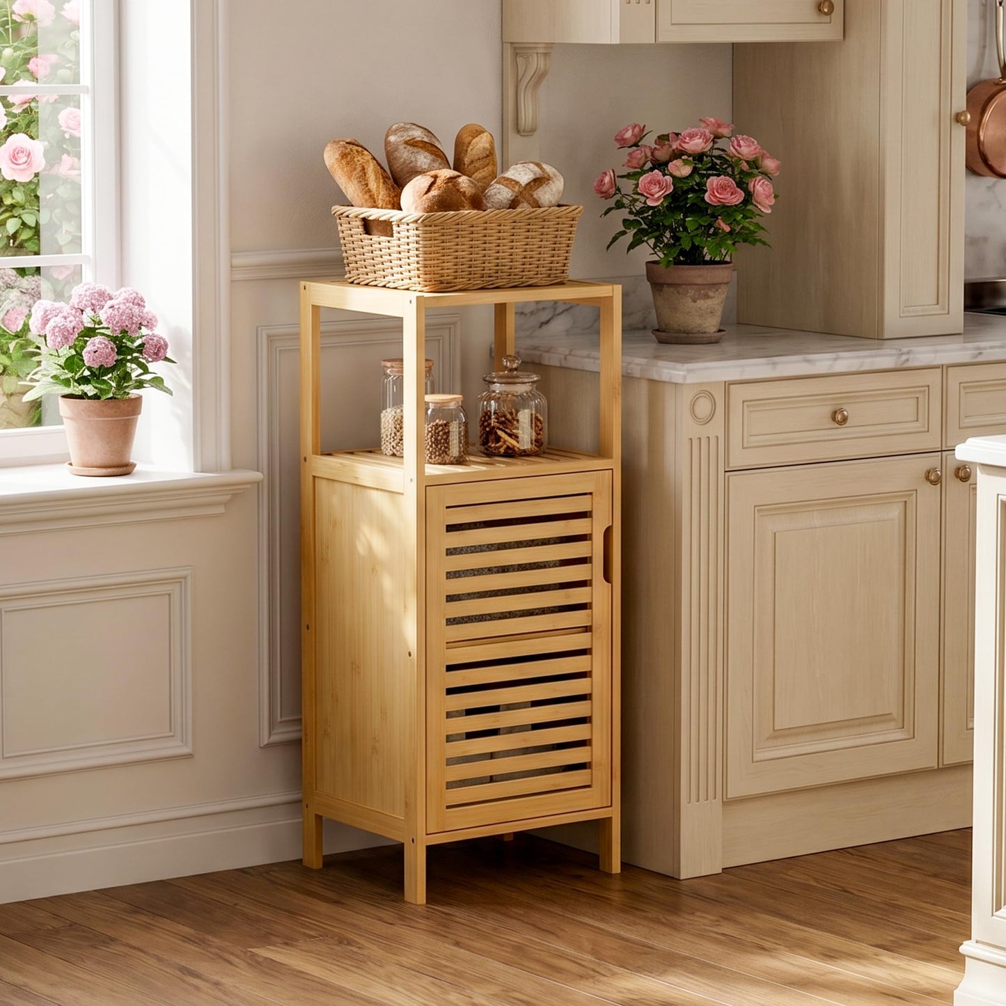 HITNET Bathroom Cabinet Freestanding, Small Bamboo Floor Cabinet, 4 Tier Single Door Sofa Side Table Storage Organizer, Space Saving Kitchen Cupboard, Natural