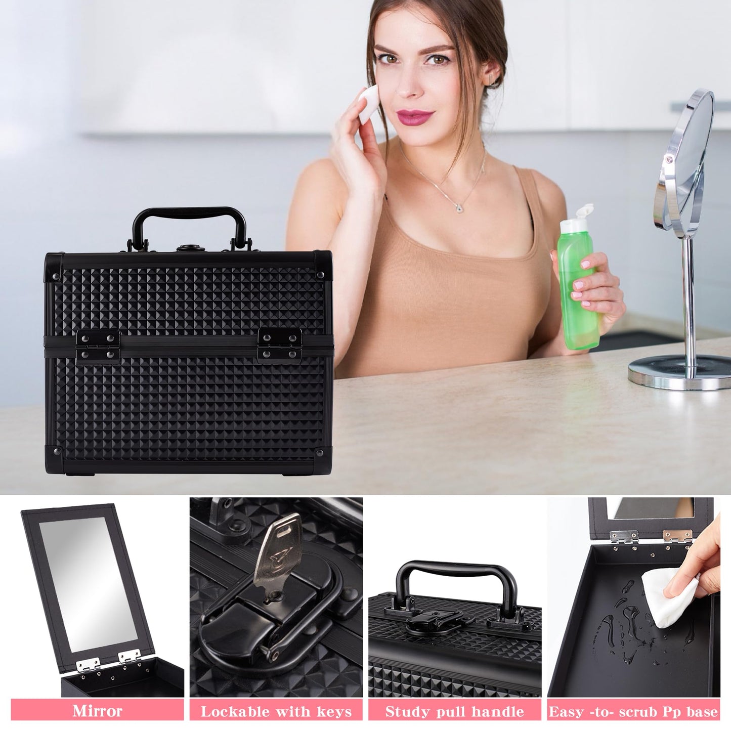 GALHUBIS Makeup Train Case, Portable Makeup Case with Mirror, 2-Trays Cosmetic Organizer Case,Nail Polish Organizer, Travel Makeup Box, Profesional for Salon Barber, Black