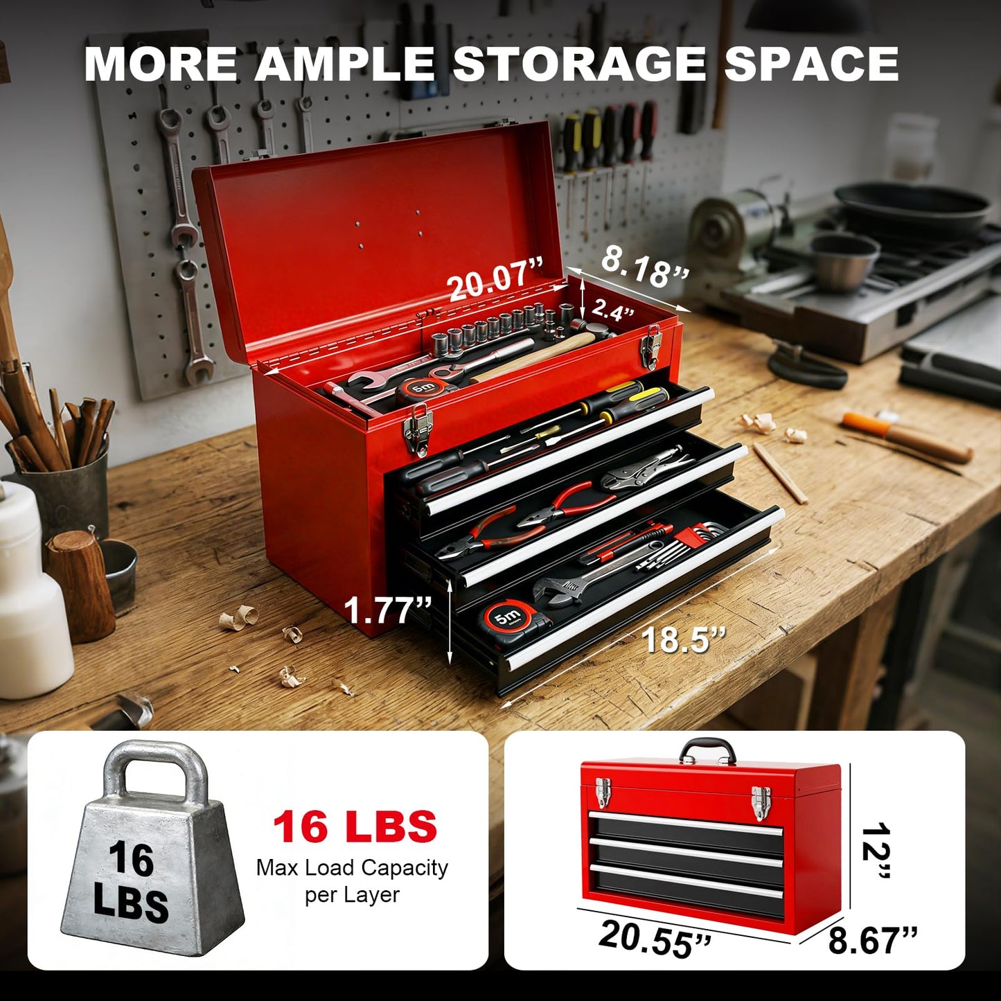 BIG RED Metal Tool Box, 20.5-inch, Portable Metal Tool Box with 4 Drawers, Small Tool Chest with EVA Liners, Ball Bearing Slide Drawers Locking & Powder Coated Finish, Multi-Function Tool Organizer