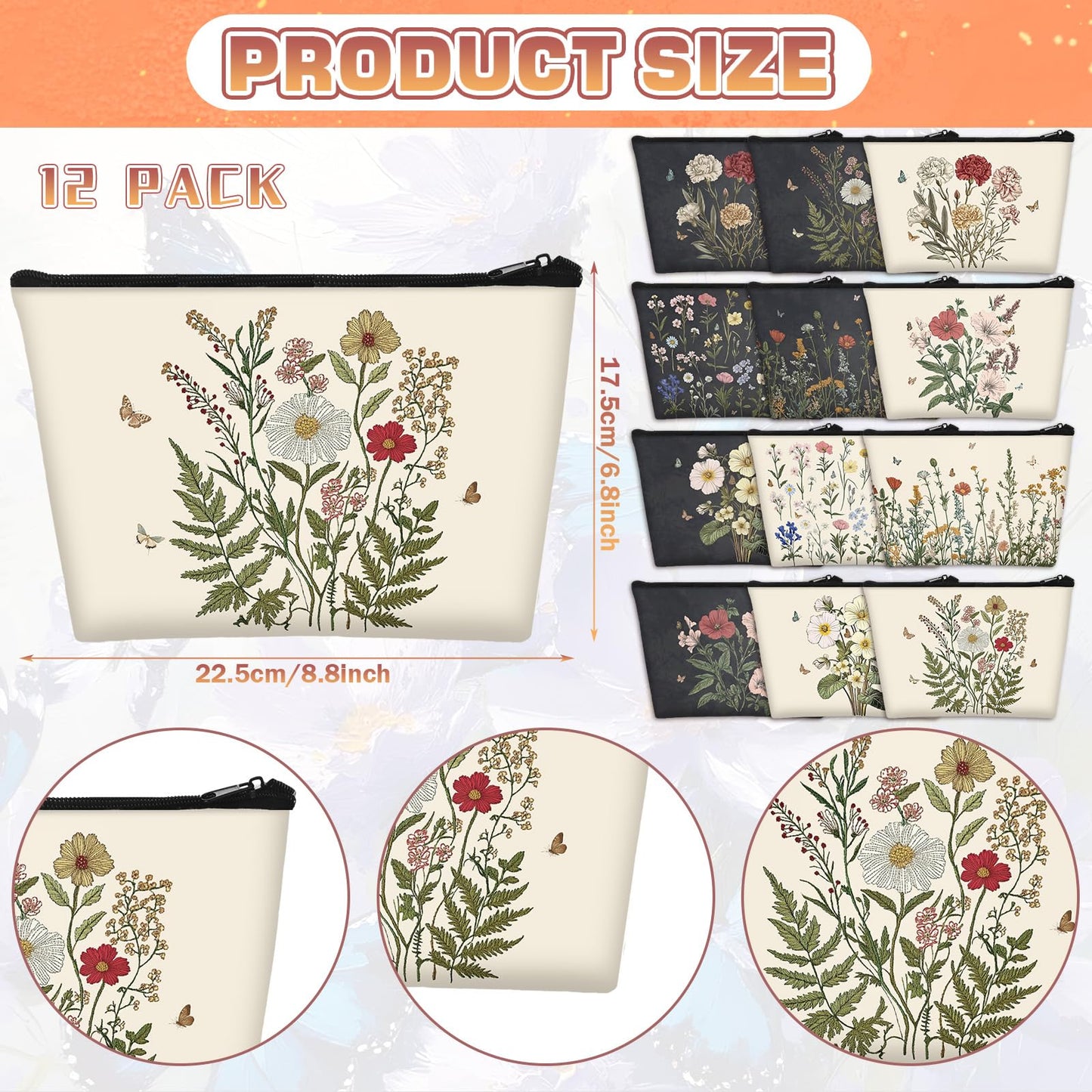 Sweetude 12 Pcs Black Flower Makeup Bags Bulk Portable Wildflower Travel Cosmetic Bags with Zipper Floral Waterproof Roomy Travel Beauty Toiletry Organizer Storage Pouch for Women Wedding Gifts