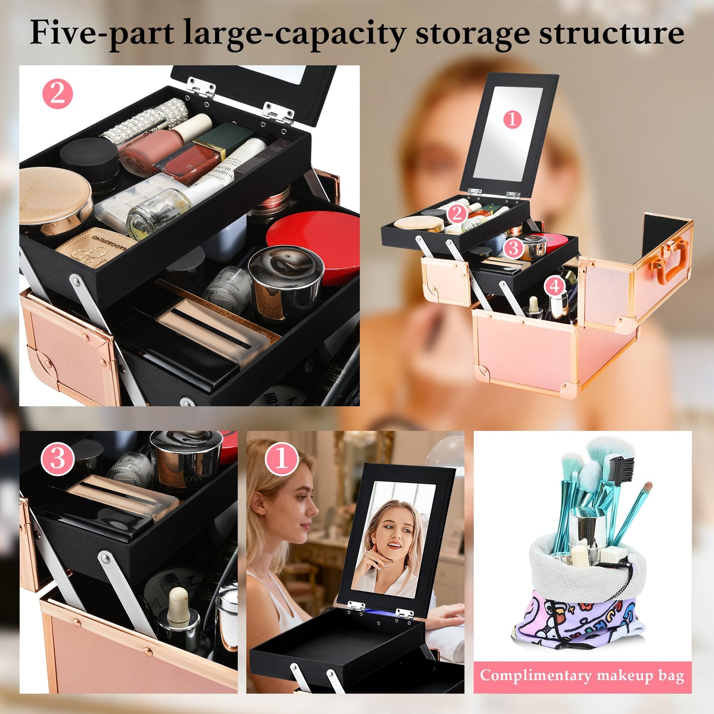 GALHUBIS Makeup Train Case, Portable Makeup Case with Mirror, 2-Trays Cosmetic Organizer Case,Nail Polish Organizer, Travel Makeup Box, Profesional for Salon Barber, Rose Gold