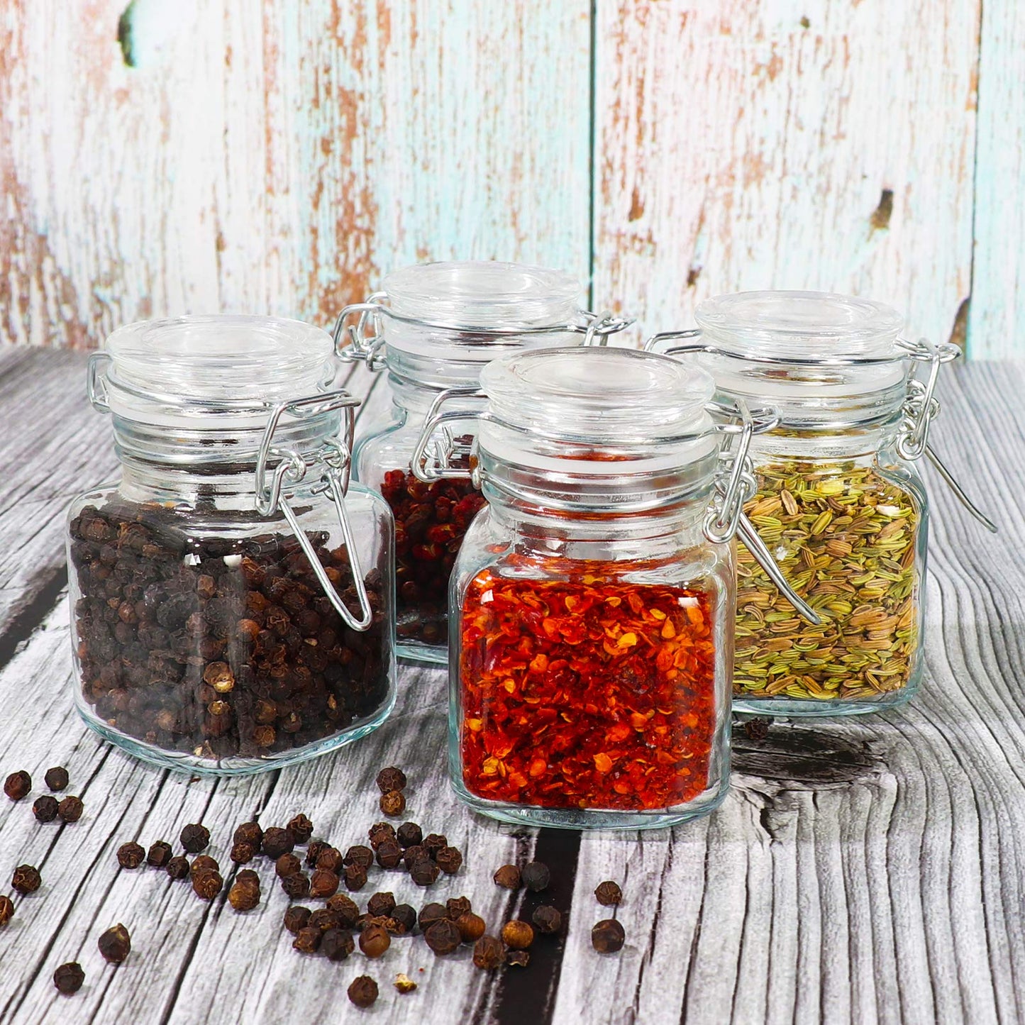 DHSBTLS 4 oz Mini Square Spice Jars, 24 Pack Glass Mason Jars with Airtight Hinged Lid, Leak Proof Storage Container for Spices, Honey, Food Bottles with Silicone Funnel and 40 Labels &Chalkboard Pen