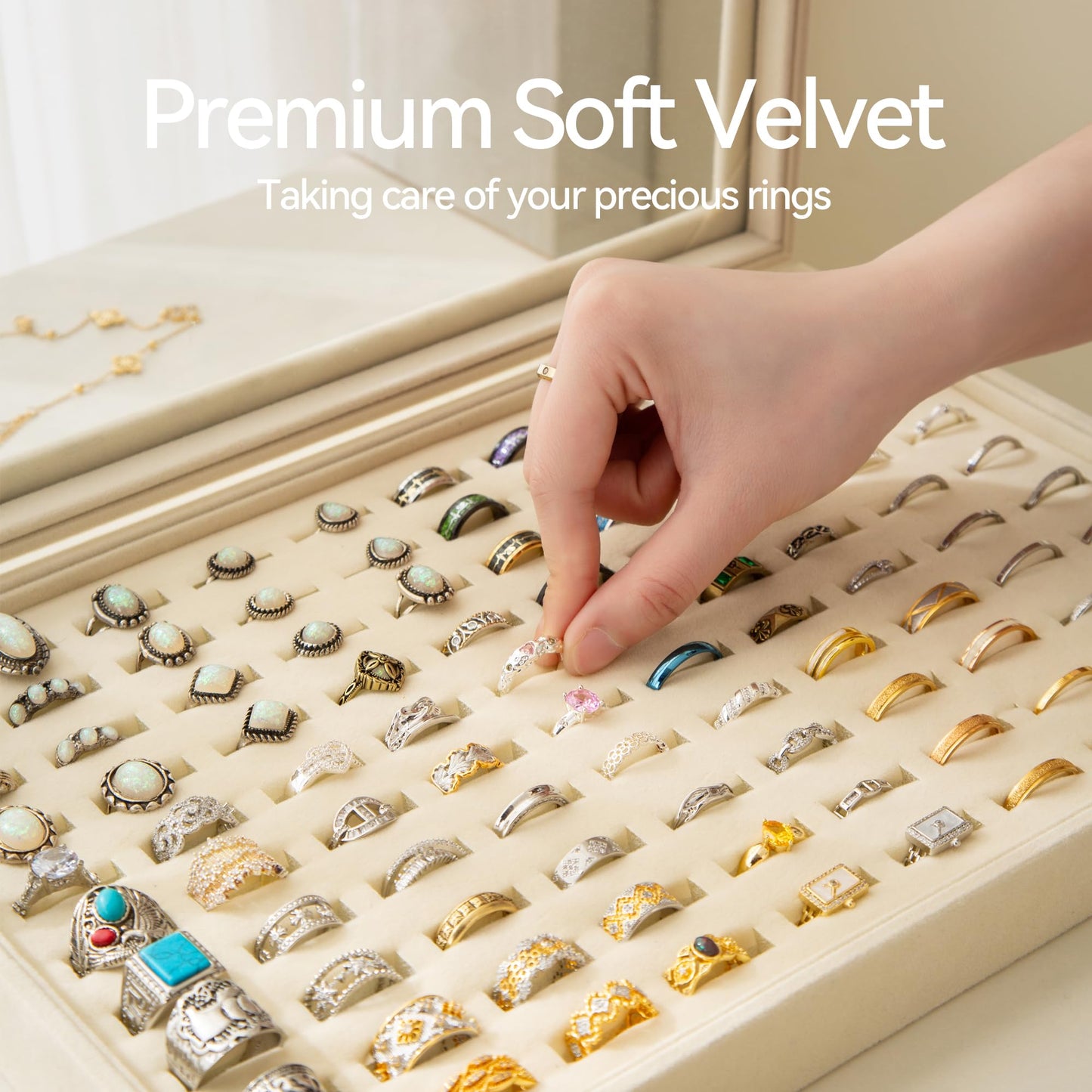 Frebeauty Ring Organizer Tray 100 Slots Ring Holder with Clear Lid Velvet Storage Box Jewelry Tray for Jewelry Store Earring Display Case for Jewelry Show Studs Box for Women(Beige)