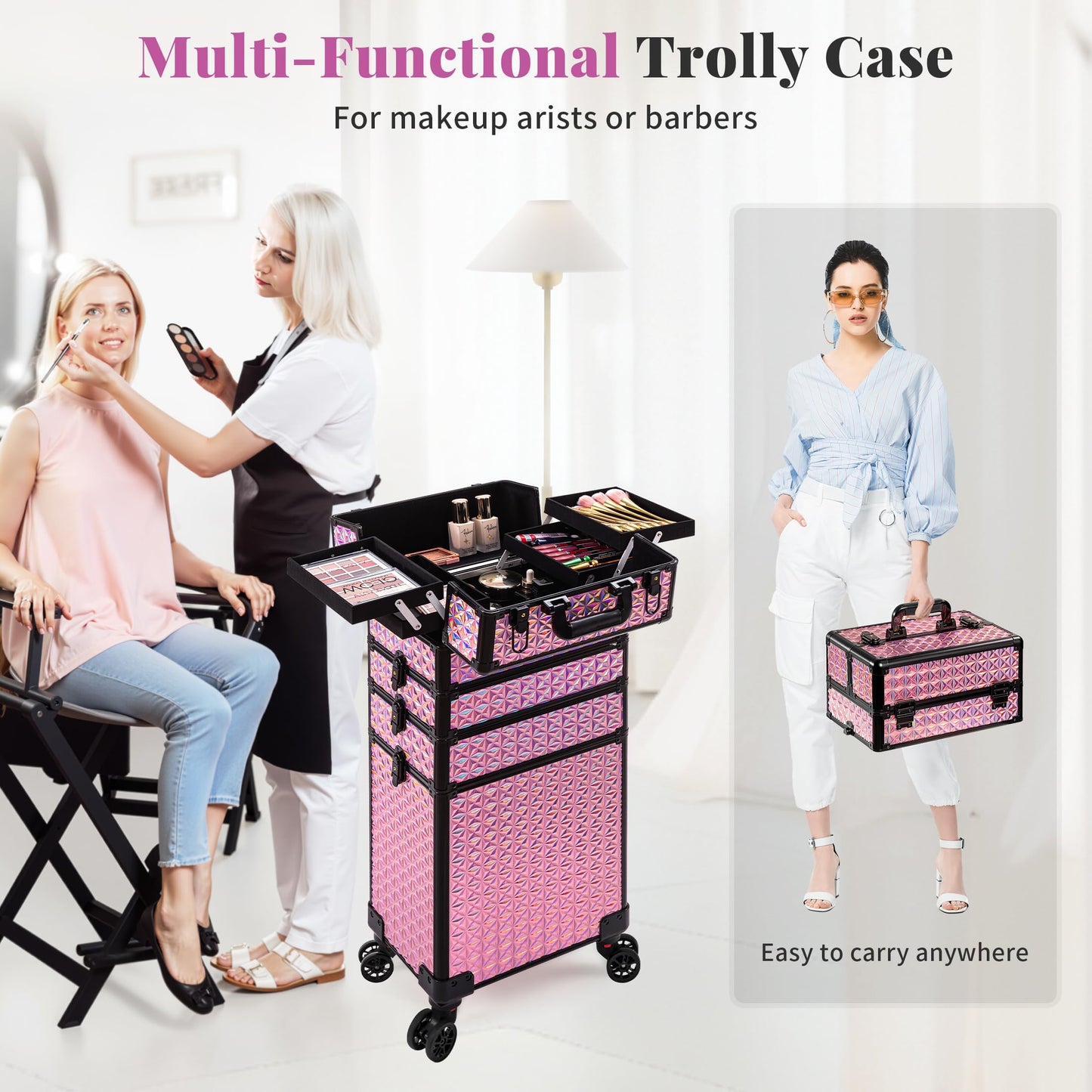 AROUS 5 in 1 Rolling Makeup Train Case Cosmetology Case on Wheels Large Cosmetic Organizer Travel Cart for Hairstylist Artist Nail Beauty Salon Barber,Pink