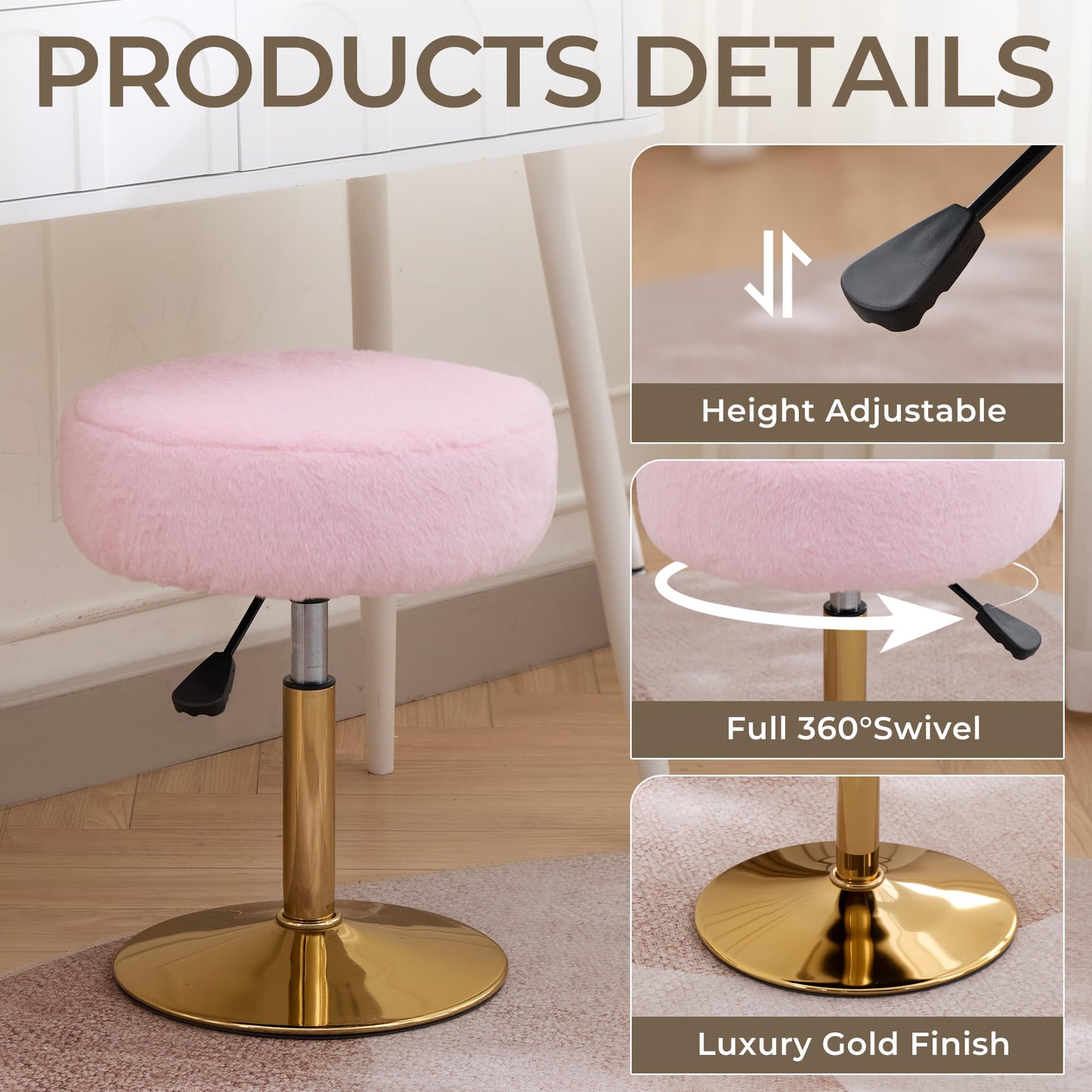 Xenothos Vanity Chair Adjustable Vanity Stool for Vanity Swivel Vanity Stool Chair Ottoman Gold Base Light Pink