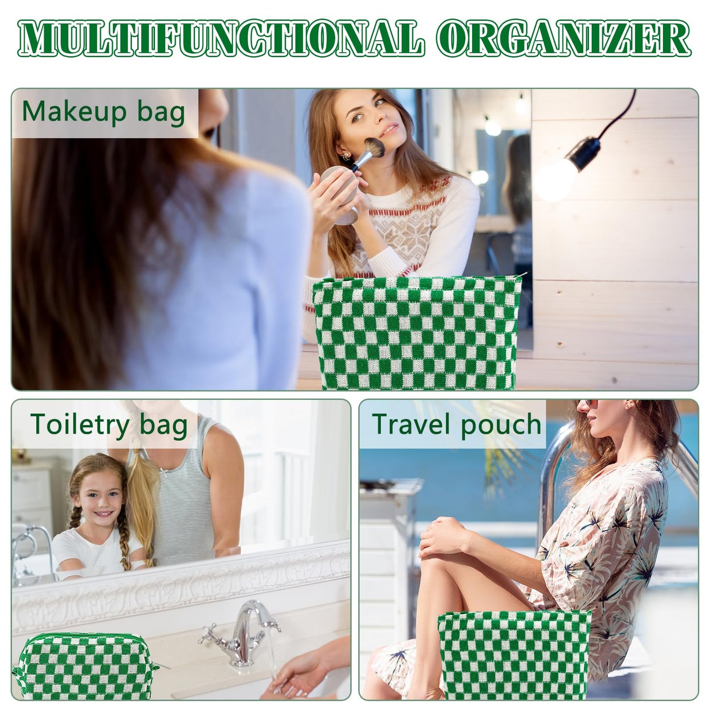 ZLFSRQ 2Pcs Checkered Makeup Bag for Women Large Small Travel Toiletry Bag Organizer Aesthetic Zipper Cosmetic Bags Cute Makeup Pouch for Purse Pencil Case Pencil Pouch Skincare Storage Bags (Green)