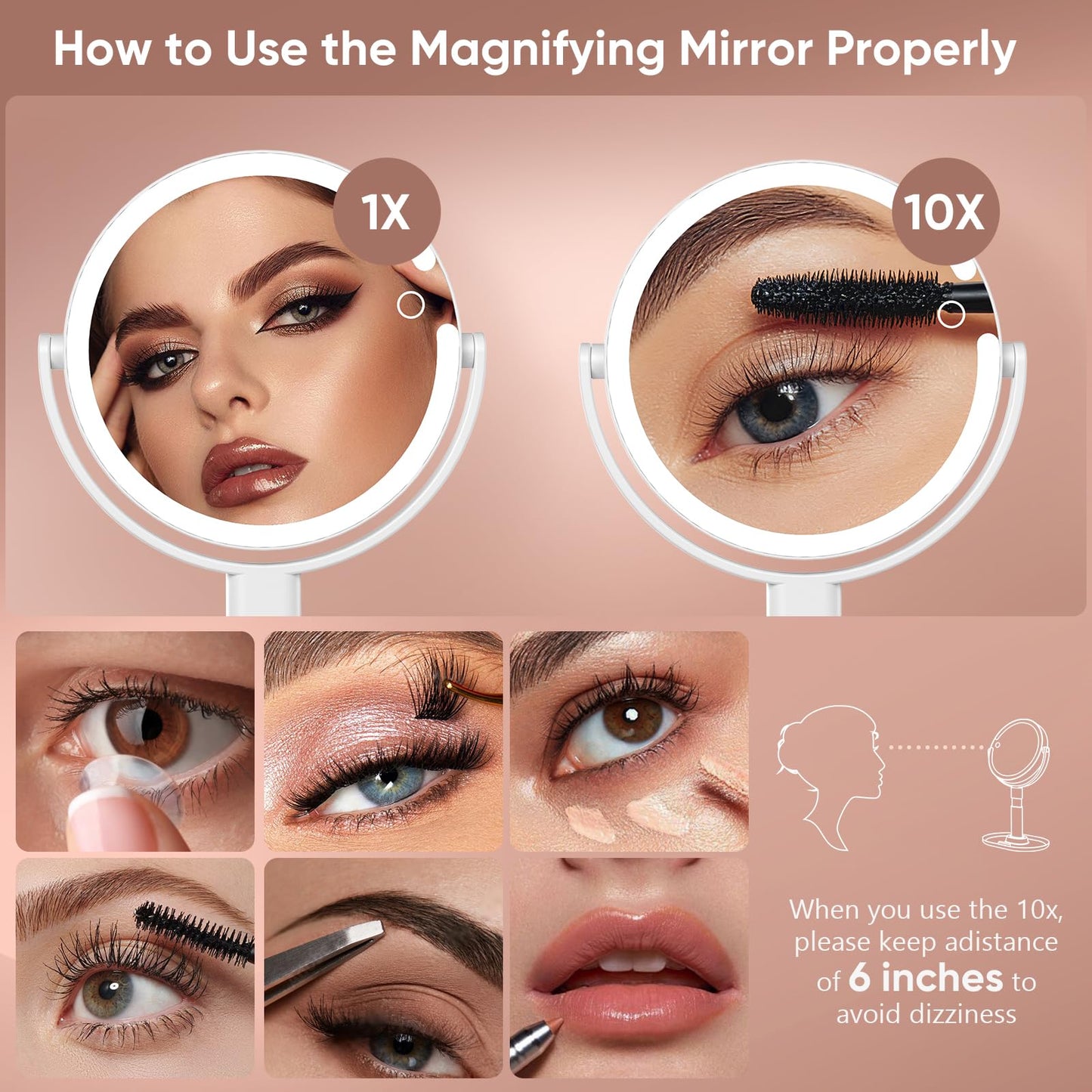 GONOBLE Lighted Makeup Mirror with 10X Magnification, Rechargeable LED Magnifying Vanity Mirror with 3 Lights, Adjustable Height, Storage Base and Phone Holder, White, 7 inch