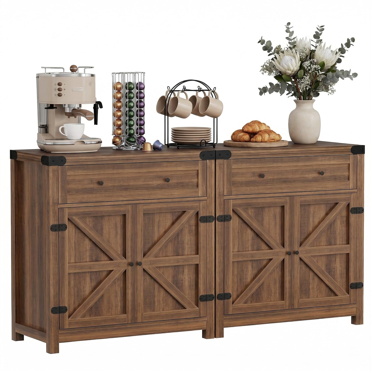 YESHOMY Kitchen Storage Cabinet, Coffee Bar Cabinet, Farmhouse Sideboard Buffet with Storage, Barn Door Accent Cabinet with a Drawer and Adjustable Shelf for Dining Room, Entryway, Rustic Brown, 2 PCS