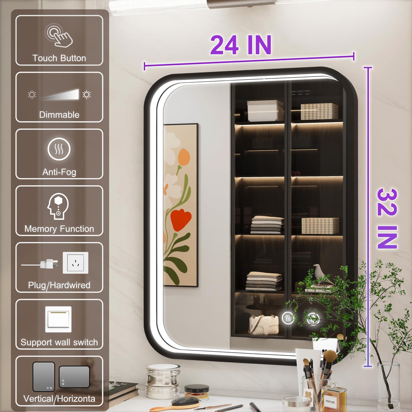 JSneijder 24"x32" LED Bathroom Mirror with Lights, Black Aluminum Frame
