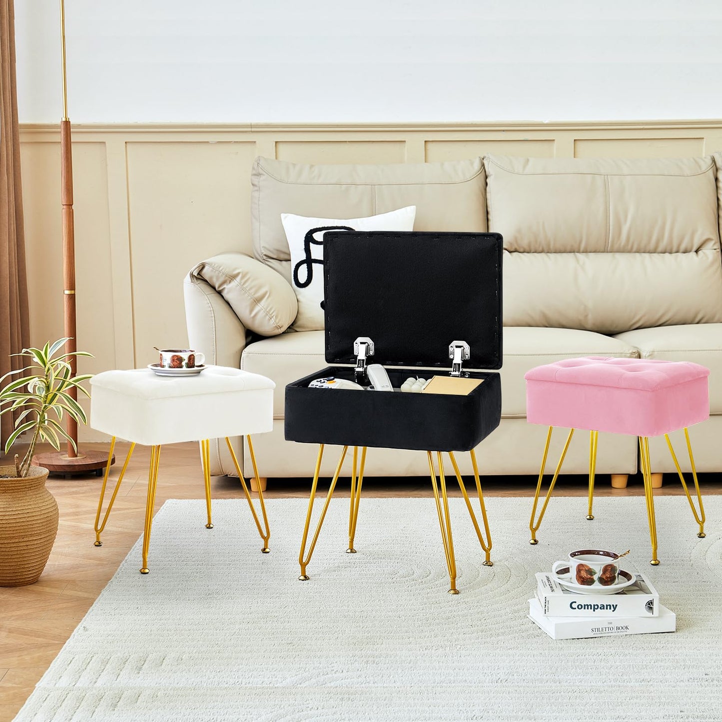 ALeesing Vanity Stool with Storage, Velvet Makeup Stool with Flip Top, Square Ottoman Chair with Metal Legs & Adjustable Feet for Bedroom Living Room, Black