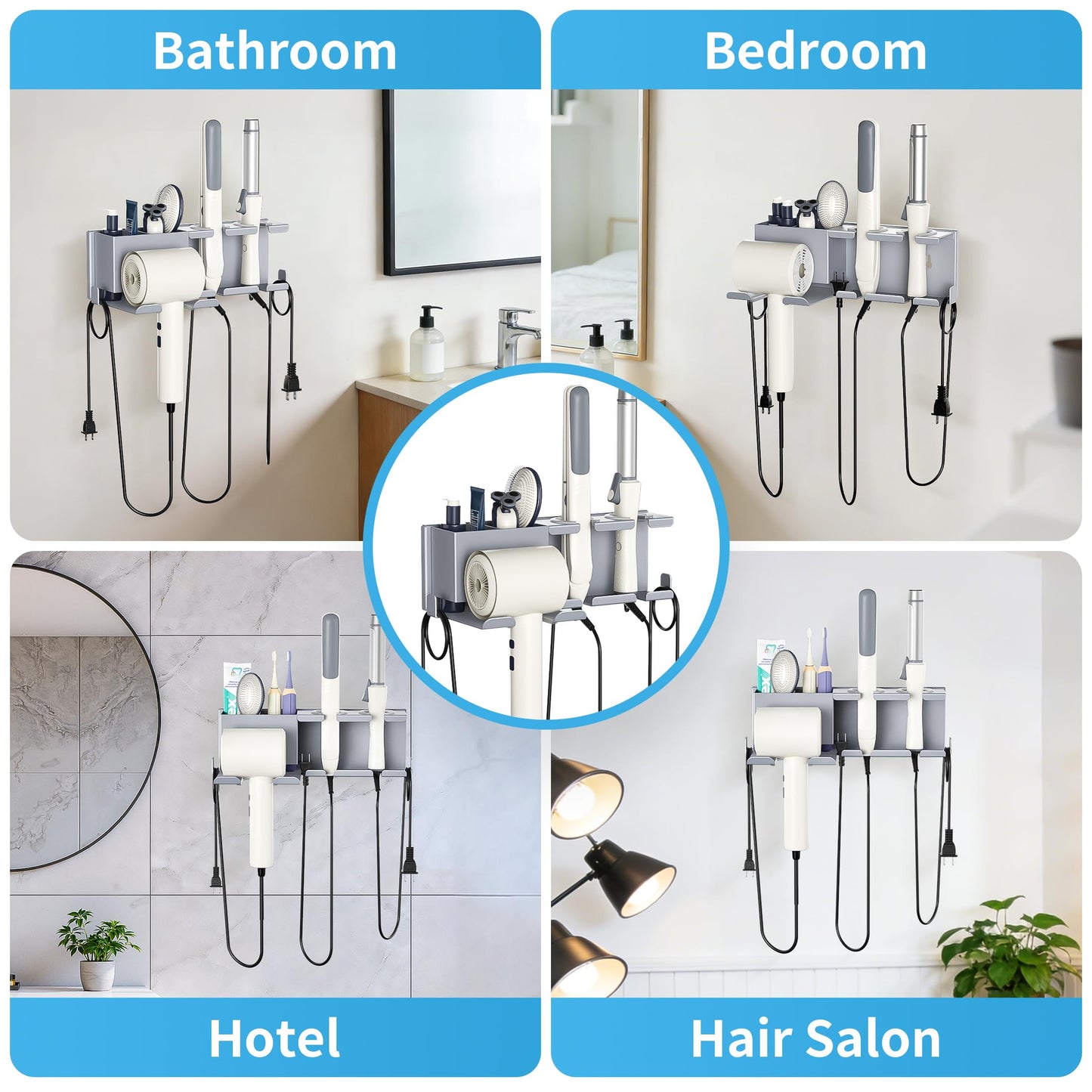 BOIVSHI Blow Dryer Holder, 2 Installation Methods (Adhesive & Screws) Hair Dryer Holder Wall Mounted, Metal Hair Tool Organizer for Curling Iron, Straightener, Bathroom Wall Organizer, Gray