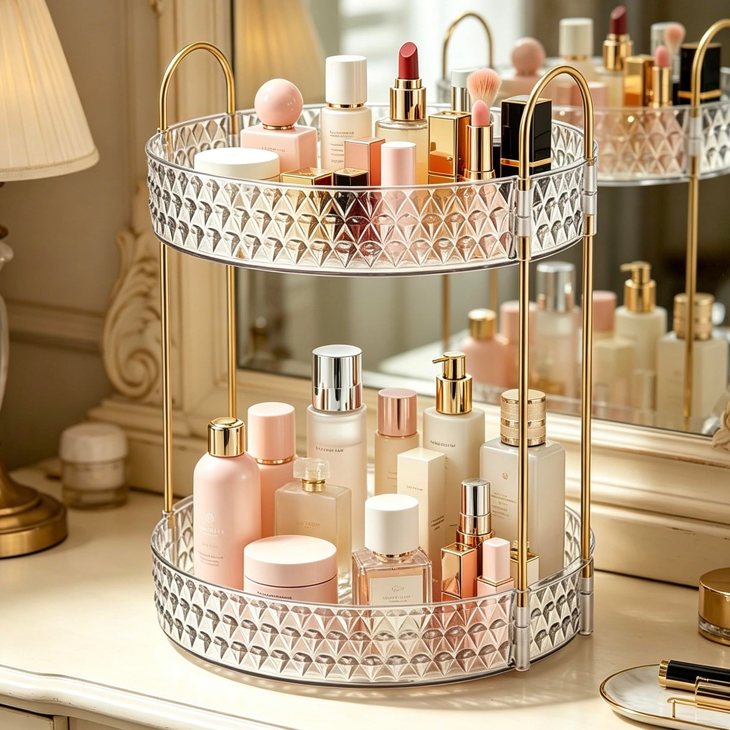 GROZOSS 360° Rotating Makeup Organizer, 2-Tier Large Capacity Cosmetic Storage Rack for Bathroom Countertop & Vanity, Clear Acrylic Holder for Skincare, Perfume & Beauty Essentials