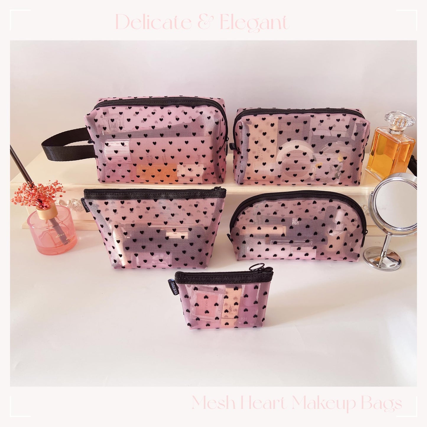 5 Pieces Mesh Heart Makeup Bags Sets, Zipper Mesh Cosmetic Bag Toiletry Bag, Travel Makeup Bags for Women, Small Items Storage Organizer Bags for Home Office Travel (Pink)