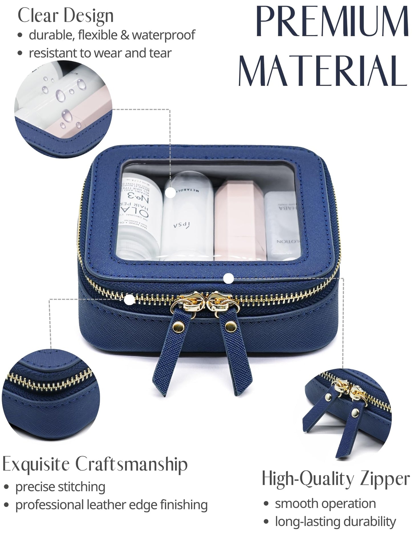 Clear Makeup Bag with Zipper Small Travel Cosmetic Case Navy Blue Mini Pouch for Purse Accessories Car Storgae Essentials Bag Purse Pouch Organizer Compact Small Clear Toiletry Bag for Traveling
