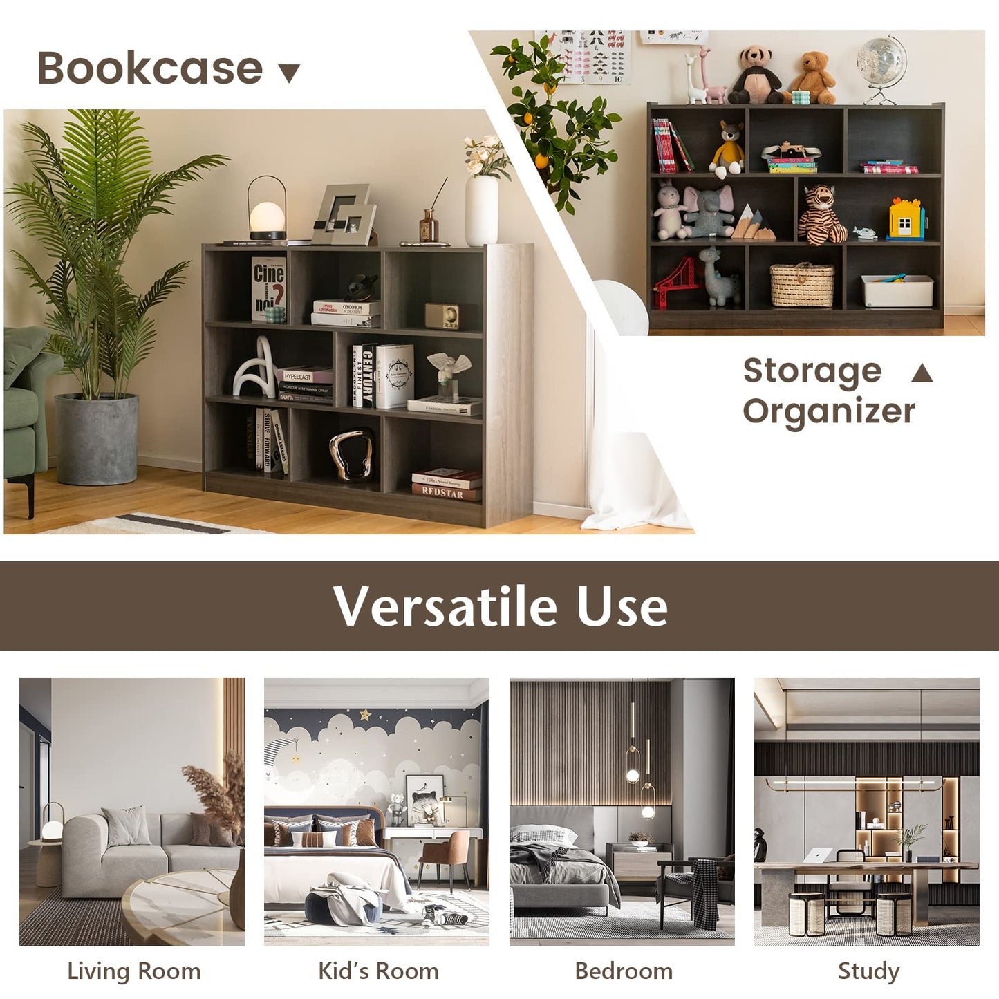 Giantex 8 Cube Bookcase, Freestanding 3-Tier Open Bookshelf, Modern Storage Display Cabinet, Wood Cube Storage Organizer for Living Room, Kid’s Room, Grey