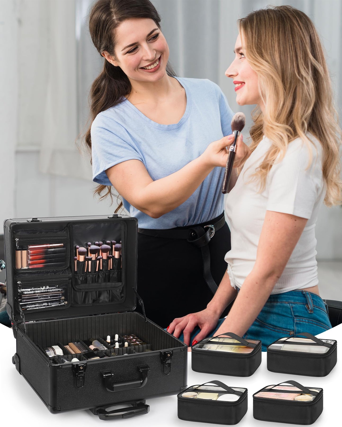 Relavel Rolling Makeup Case Cosmetology Case on Wheels Professional Extra Large Travel Train Case for Makeup Artists, Trolley Suitcase for Cosmetic Nair Art Salon Storage Organizer with 6 Clear Bags