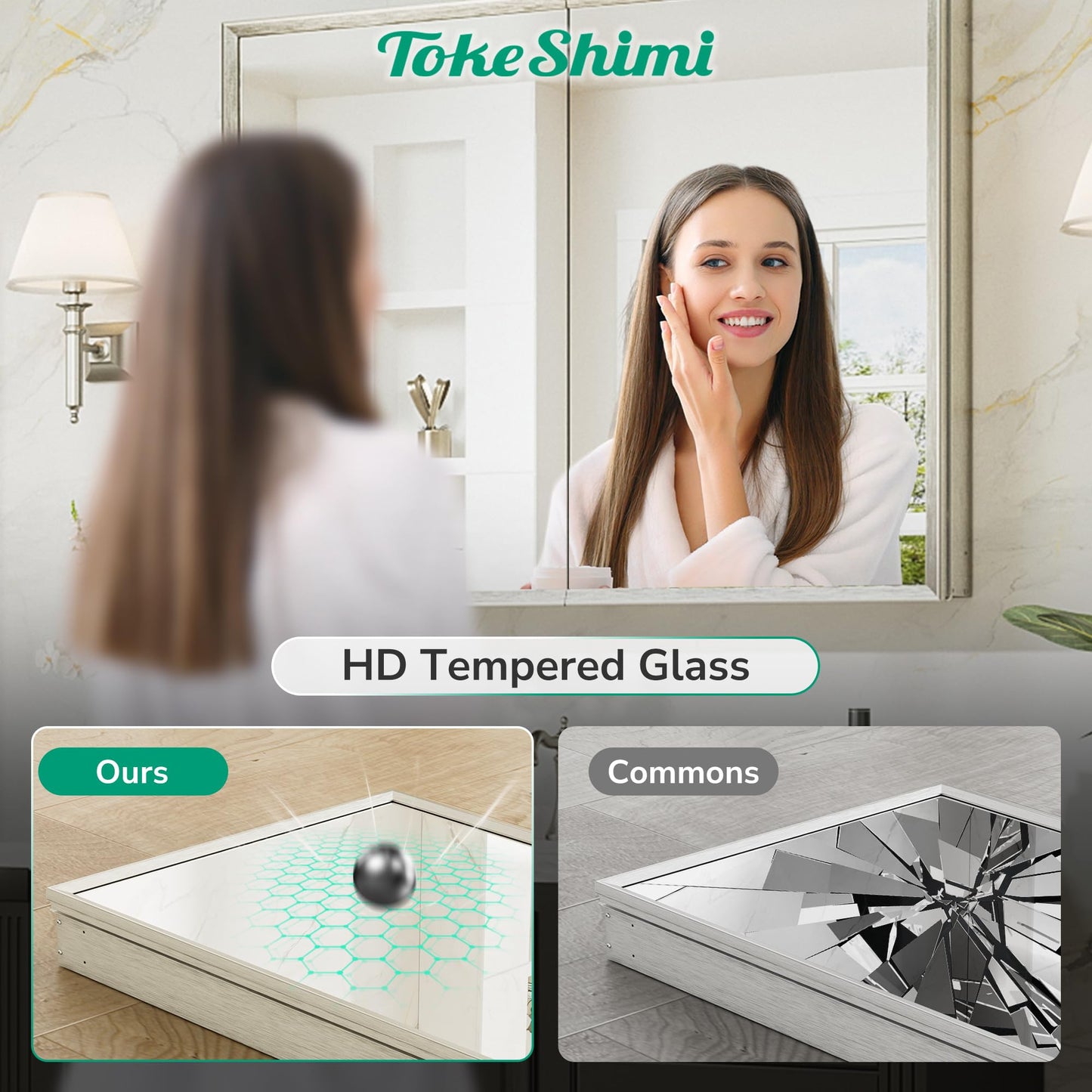 TokeShimi 14 x 24 Brushed Nickel Recessed Medicine Cabinet with Mirror, Assembly Required, Bathroom Medicine Cabinet with Mirror, Stepless Adjustable Shelves, Beveled Aluminum Frame, DTC Hinge