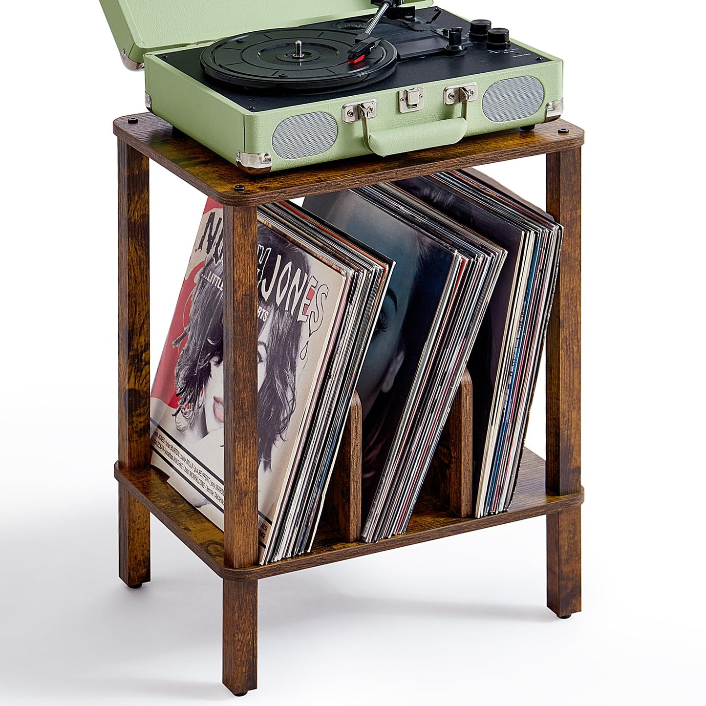 LELELINKY 2-Tier Record Player Stand with Vinyl Record Storage up to 100 Albums, Bedroom Record Holder and Multi-Functional End Table for Living Room, Brown