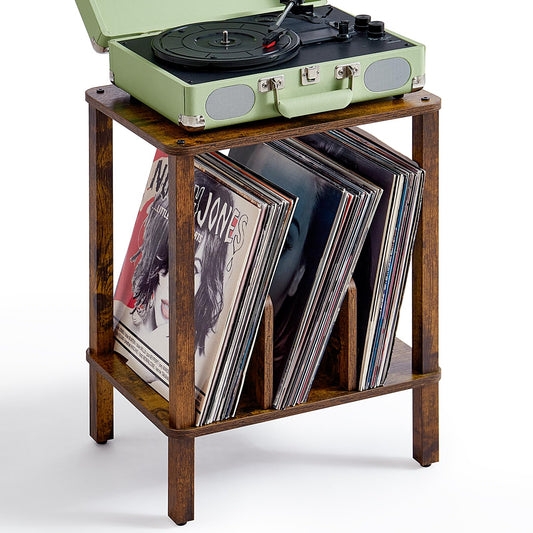 LELELINKY 2-Tier Record Player Stand with Vinyl Record Storage up to 100 Albums, Bedroom Record Holder and Multi-Functional End Table for Living Room, Brown