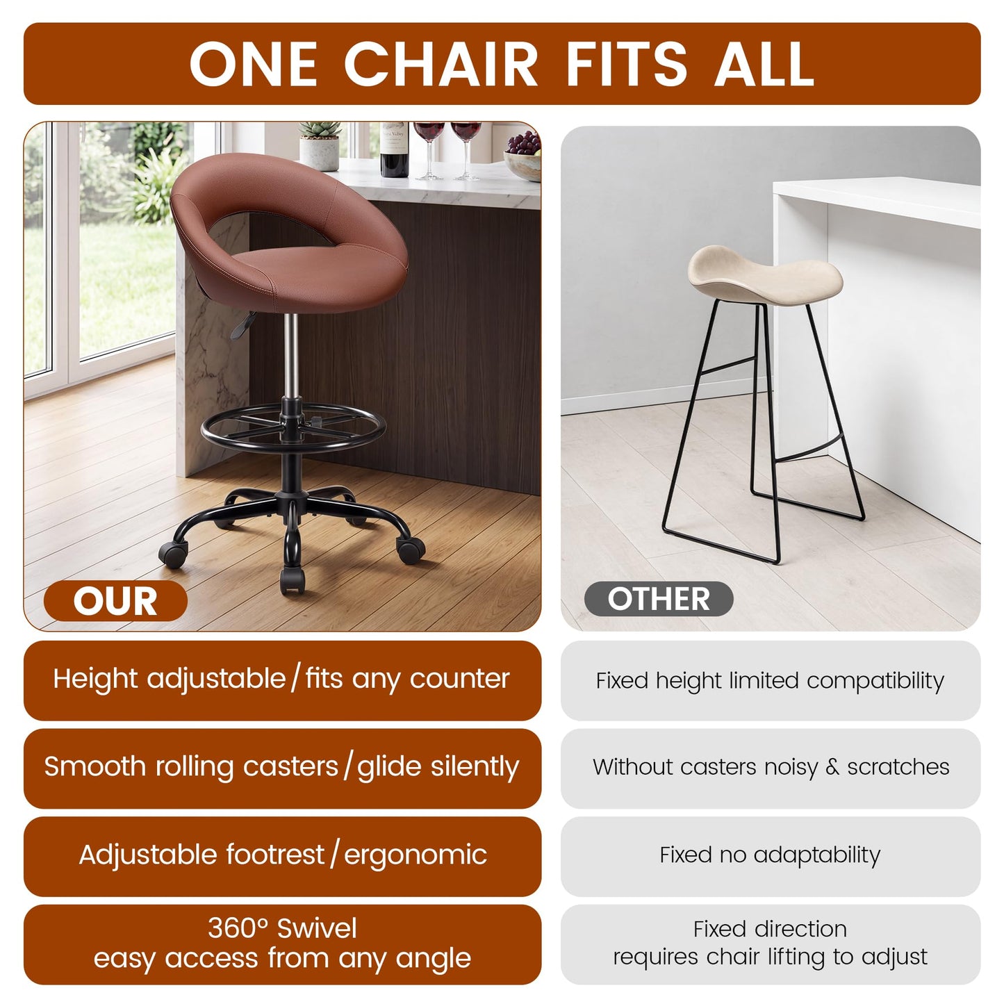 Stella Mia Bar Stool with Back Support – PU Leather Drafting Chair, Adjustable Foot Rest & Rolling Wheels, Swivel Tall Stool for Kitchen Island, Salon, Vanity, Standing Desk, Brown