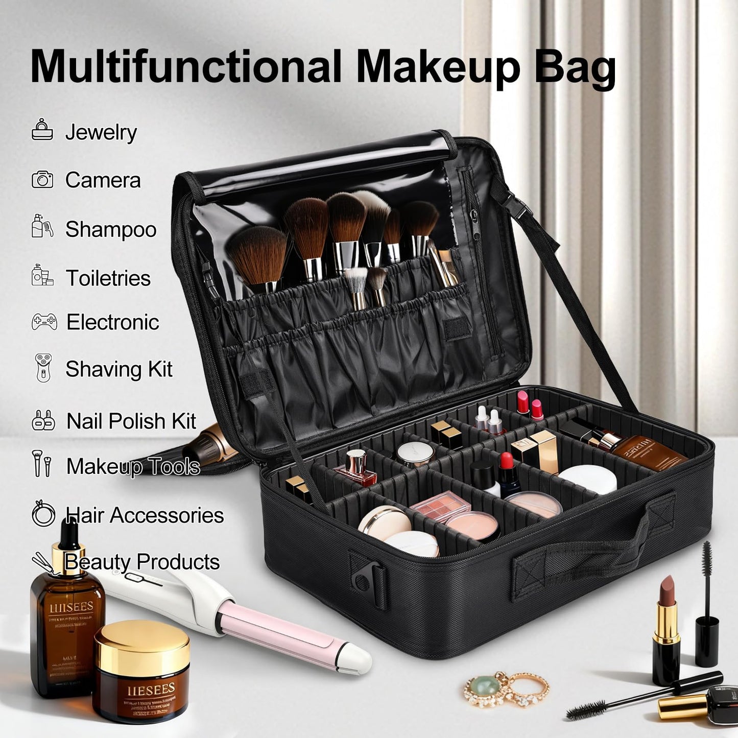 Professional Makeup Train Case with Brush Holder, Large Makeup Travel Bag Organizer, Portable Cosmetic Carry Case 3 Layer Makeup Artist Storage Box with Adjustable Dividers and Shoulder Strap, Black
