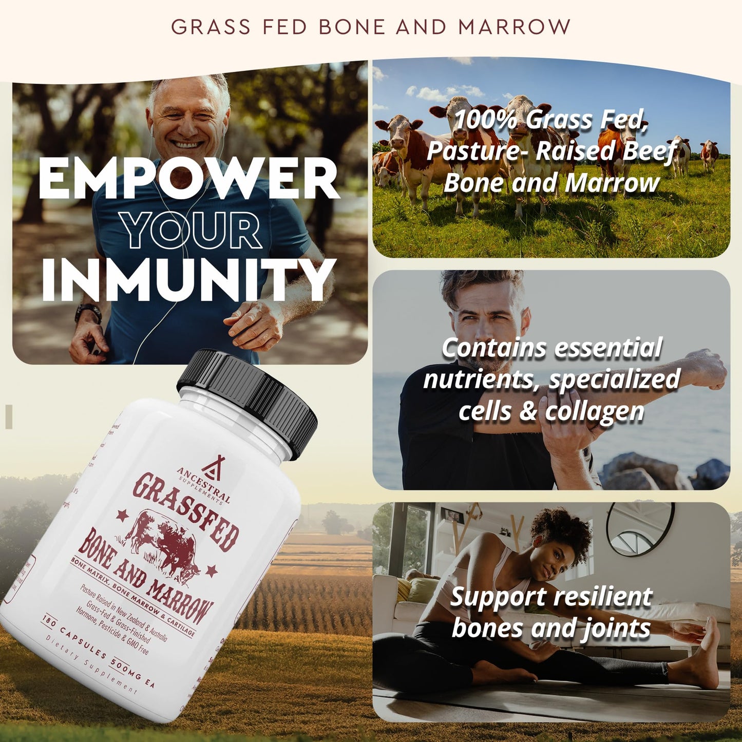 Ancestral Supplements Grass Fed Beef Bone and Marrow Supplement, 3000mg, Skin, Oral Health, and Joint Support Supplement, Promotes Whole-Body Wellness, Non GMO Whole Bone Extract, 180 Capsules