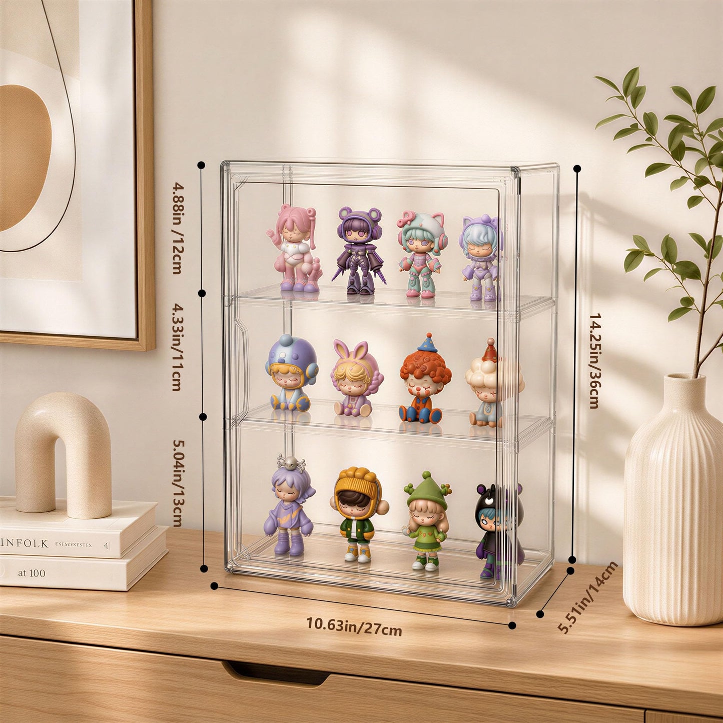 Attelite Acrylic Display Cases for Collectibles, 4 Pack 3 Layer Clear Display Case with Magnetic Door,Dustproof Clear Showcase with 2 Adjustable Divider Storage Box for Action Figure