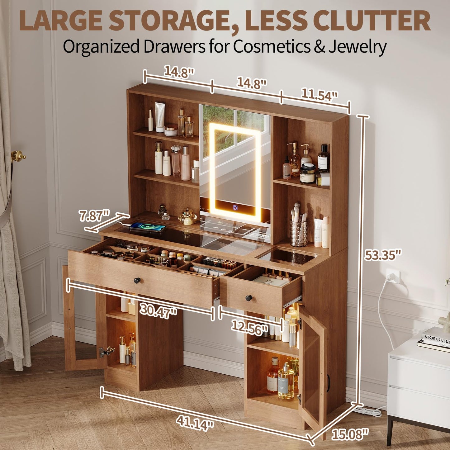 Garvee Large Vanity Desk with Sliding Mirror & 3-Color LED Lights, Makeup Dressing Table with Storage Drawers, Shelves, Cabinets, USB Outlets, MDF Beauty Station, Easy Assembly