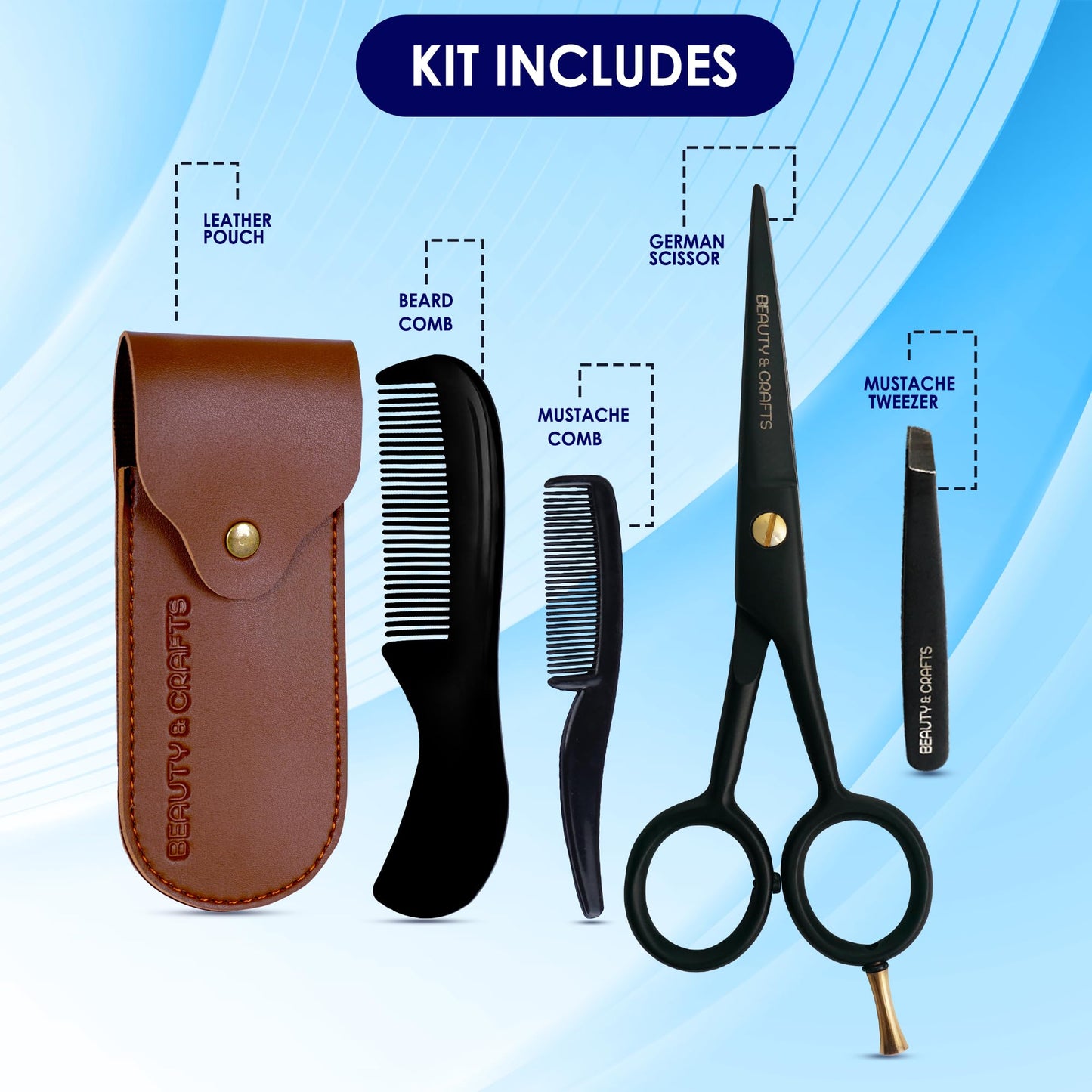 5'' Professional German Beard Scissors for Men- 2 Mustache Combs for Facial Hair with Beautiful Pouch & Tweezer - Mustache Scissors for Men Grooming, Cutting, Styling-Mustache Trimmer
